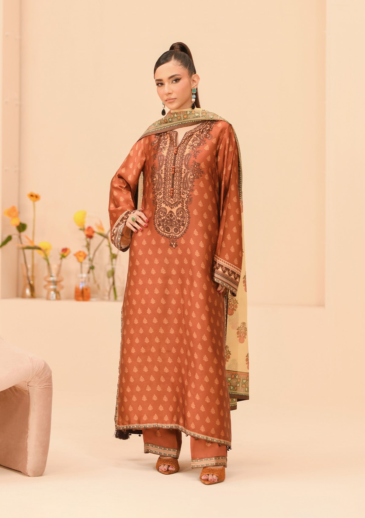 MISS AIK - RTW '24 D1 - LOOK 06 Rust Long Shirt For Luxury Events - Pakistani Designer Wear for Women in UK | Kifat