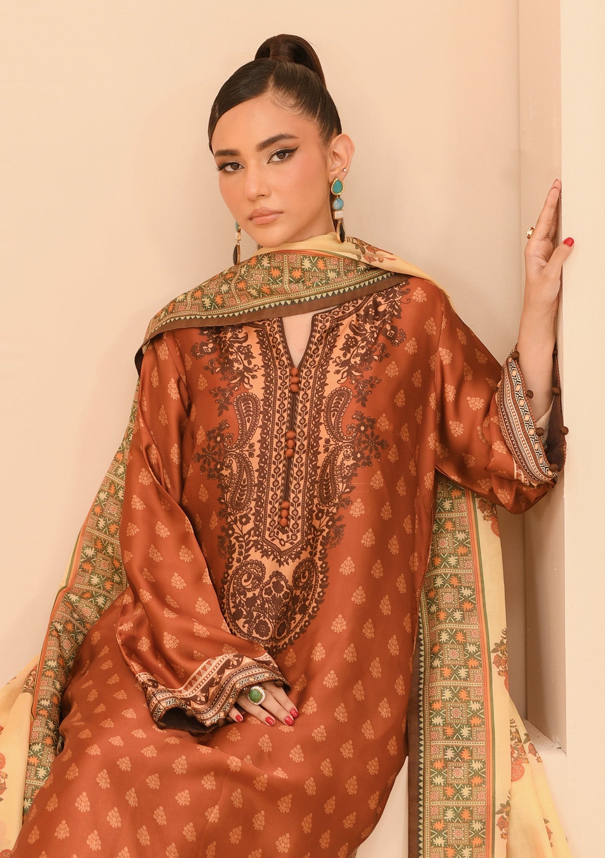 MISS AIK - RTW '24 D1 - LOOK 06 Rust Long Shirt For Luxury Events - Pakistani Designer Wear for Women in UK | Kifat