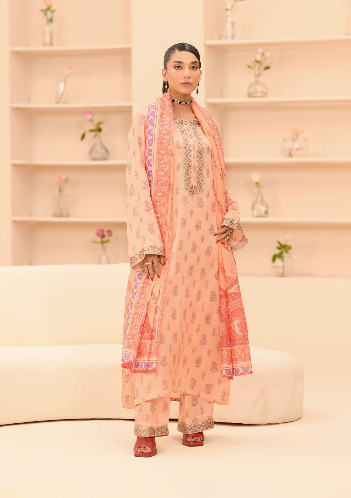 MISS AIK - RTW '24 D1 - LOOK 07 Light Peach Long Shirt For Luxury Events - Pakistani Designer Wear for Women in UK | Kifat