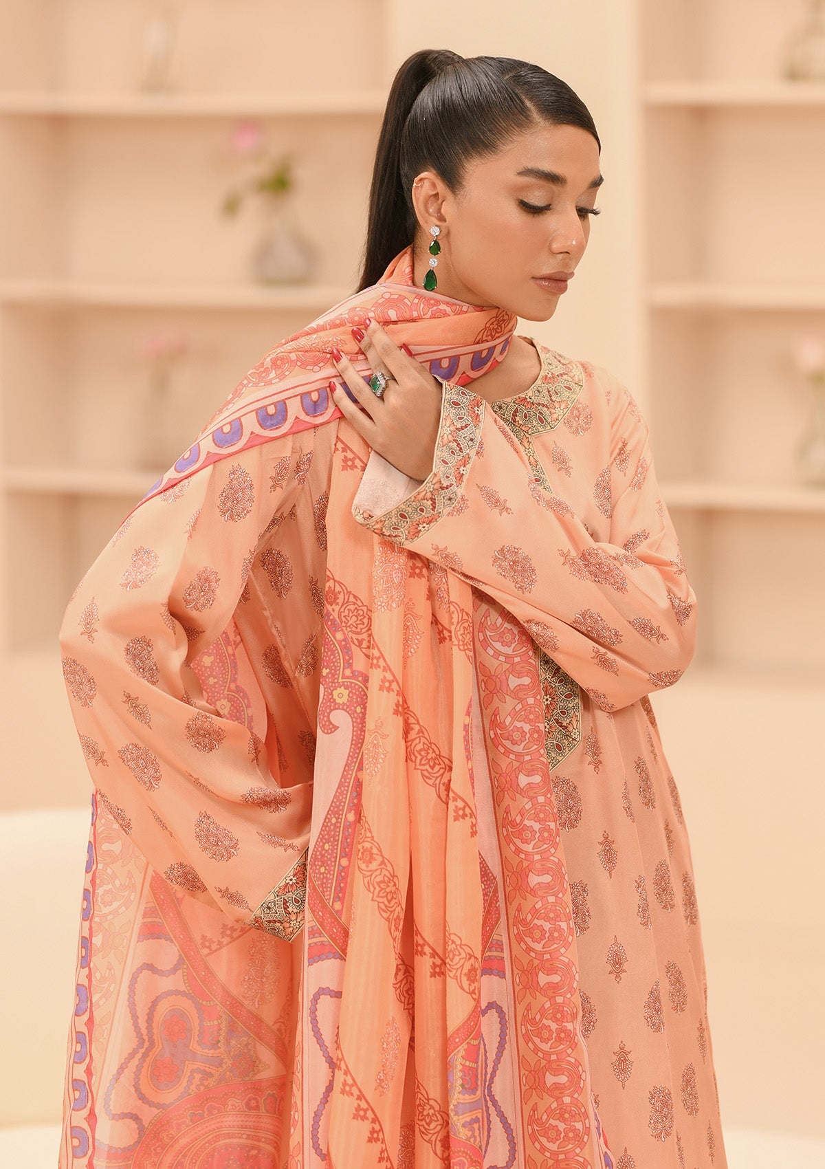 MISS AIK - RTW '24 D1 - LOOK 07 Light Peach Long Shirt For Luxury Events - Pakistani Designer Wear for Women in UK | Kifat