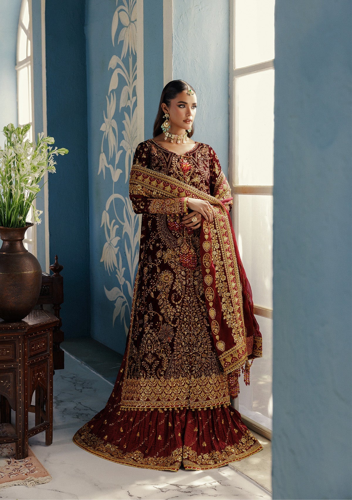 UDAIPUR - LOOK 05 Ruby Red Front Open Shirt with Sharara For Formal Events - Pakistani Designer Wear for Women in UK | Kifat