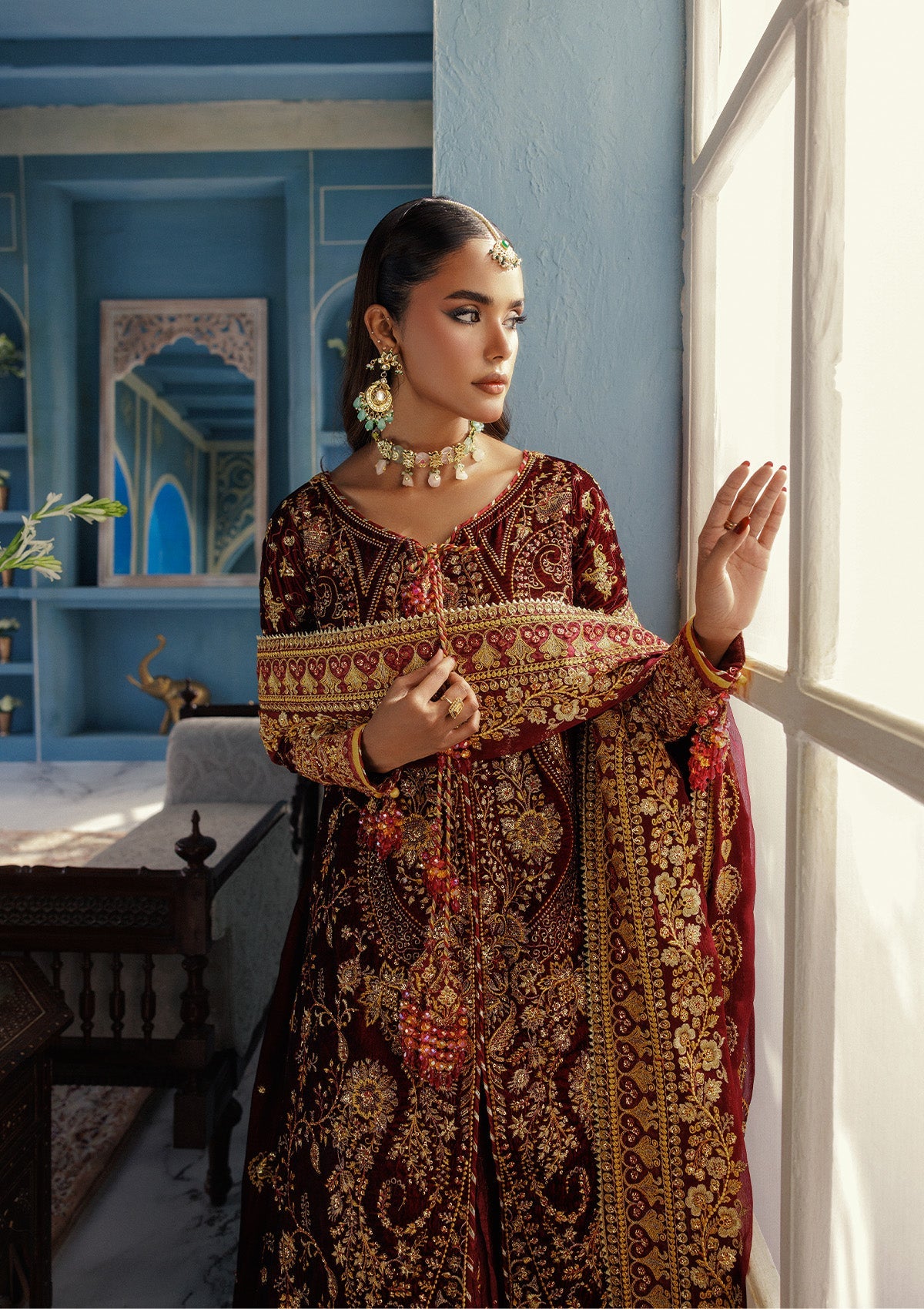 UDAIPUR - LOOK 05 Ruby Red Front Open Shirt with Sharara For Formal Events - Pakistani Designer Wear for Women in UK | Kifat