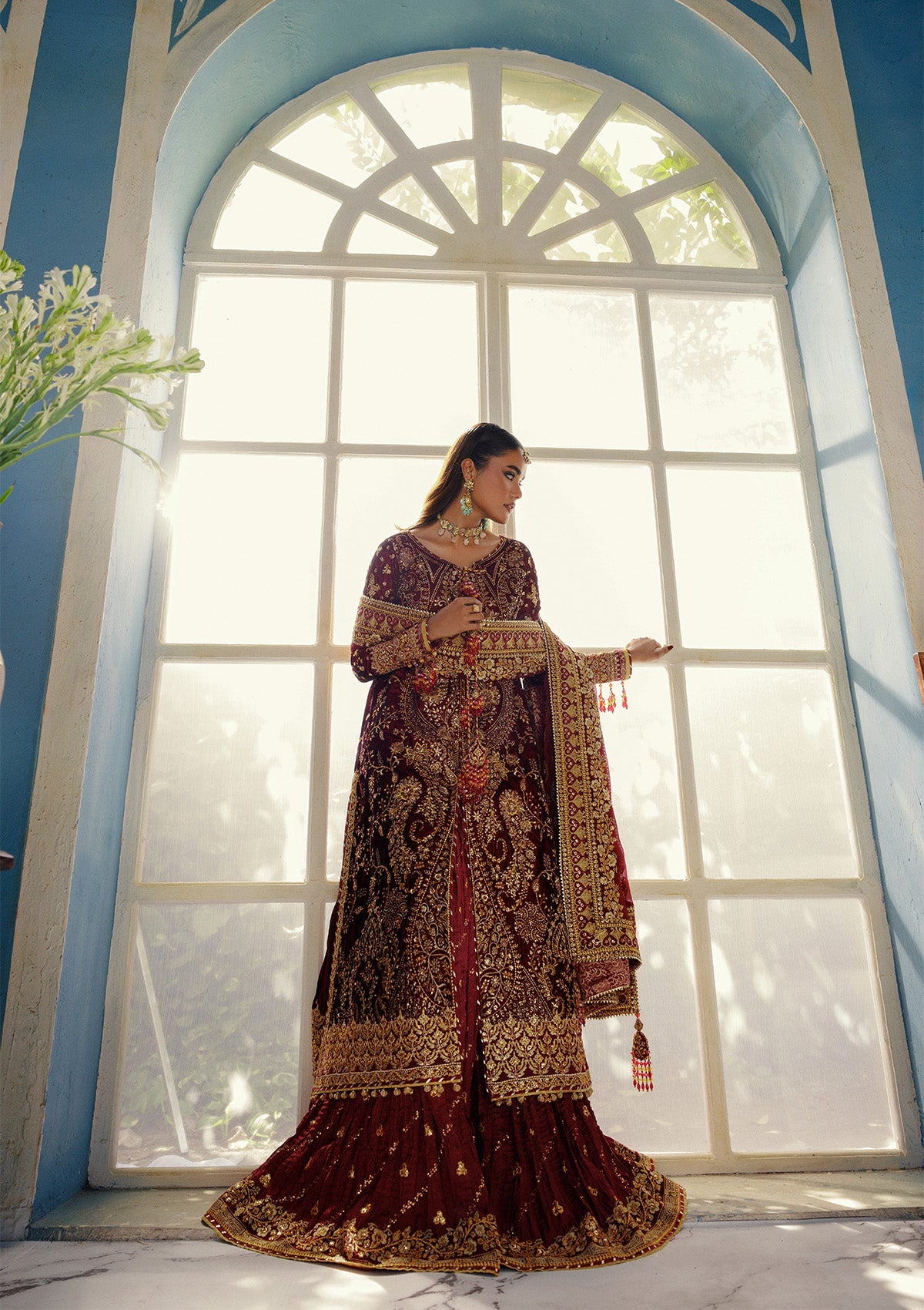 UDAIPUR - LOOK 05 Ruby Red Front Open Shirt with Sharara For Formal Events - Pakistani Designer Wear for Women in UK | Kifat