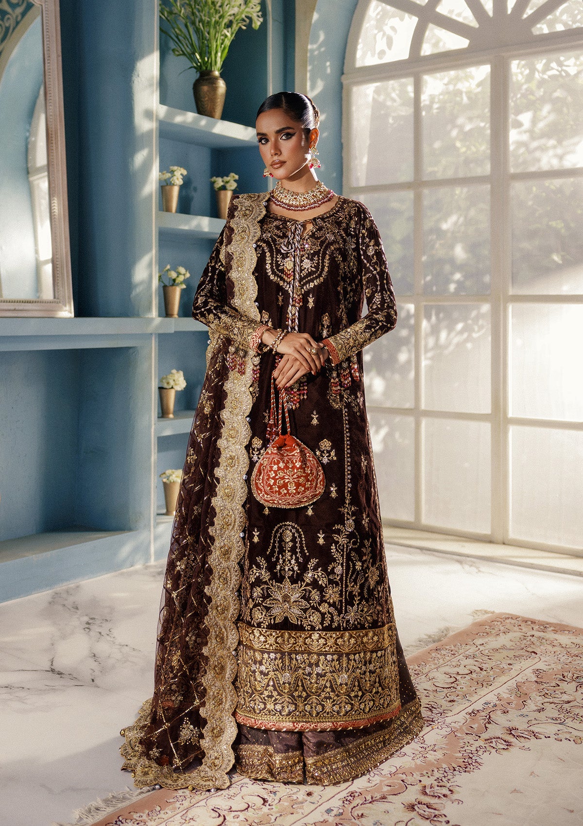 UDAIPUR - LOOK 06 Dark Brown Long Shirt with Sharara For Formal Events - Pakistani Designer Wear for Women in UK | Kifat