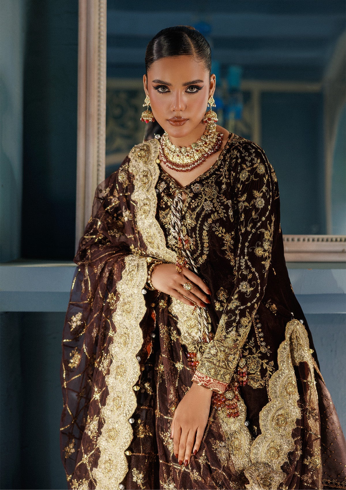 UDAIPUR - LOOK 06 Dark Brown Long Shirt with Sharara For Formal Events - Pakistani Designer Wear for Women in UK | Kifat