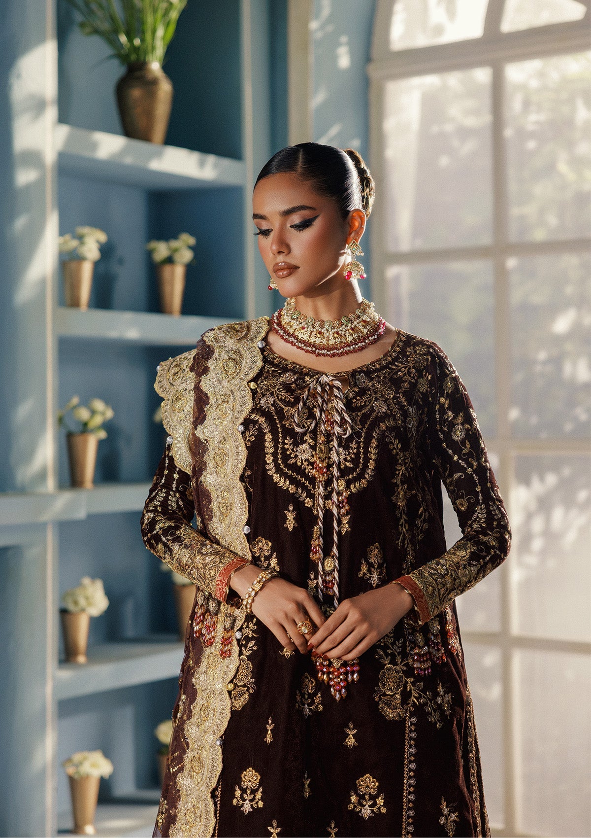 UDAIPUR - LOOK 06 Dark Brown Long Shirt with Sharara For Formal Events - Pakistani Designer Wear for Women in UK | Kifat