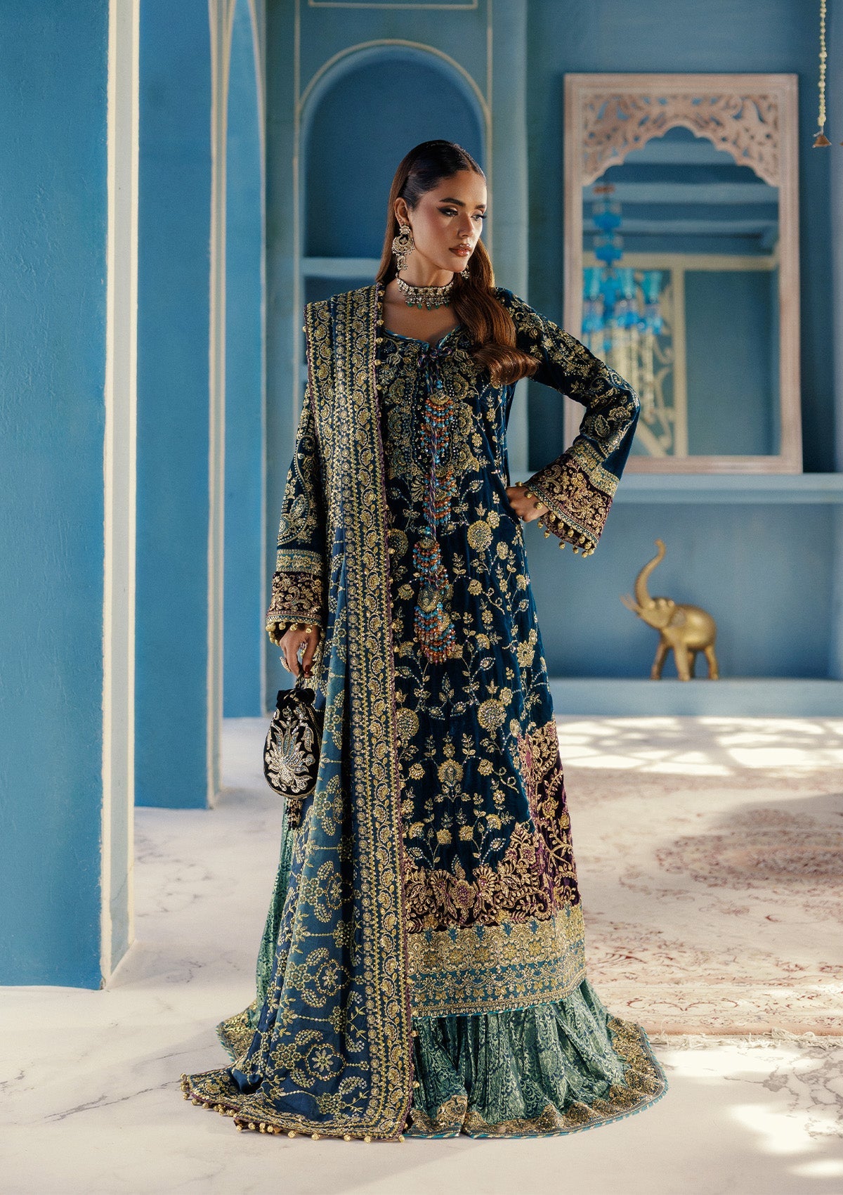 UDAIPUR - LOOK 08 Blue Teal Long Shirt with Farshi Sharara For Formal Events - Pakistani Designer Wear for Women in UK | Kifat