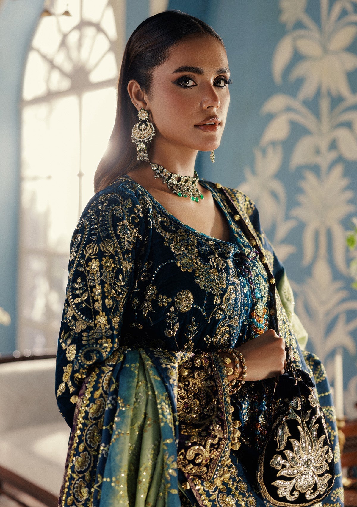 UDAIPUR - LOOK 08 Blue Teal Long Shirt with Farshi Sharara For Formal Events - Pakistani Designer Wear for Women in UK | Kifat