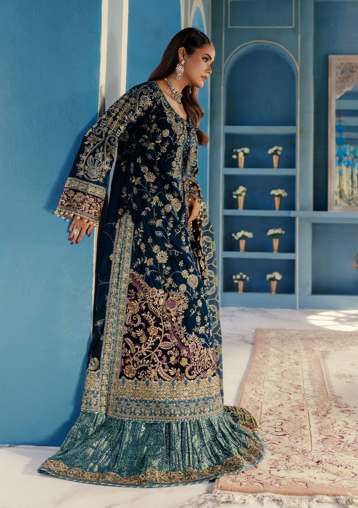 UDAIPUR - LOOK 08 Blue Teal Long Shirt with Farshi Sharara For Formal Events - Pakistani Designer Wear for Women in UK | Kifat
