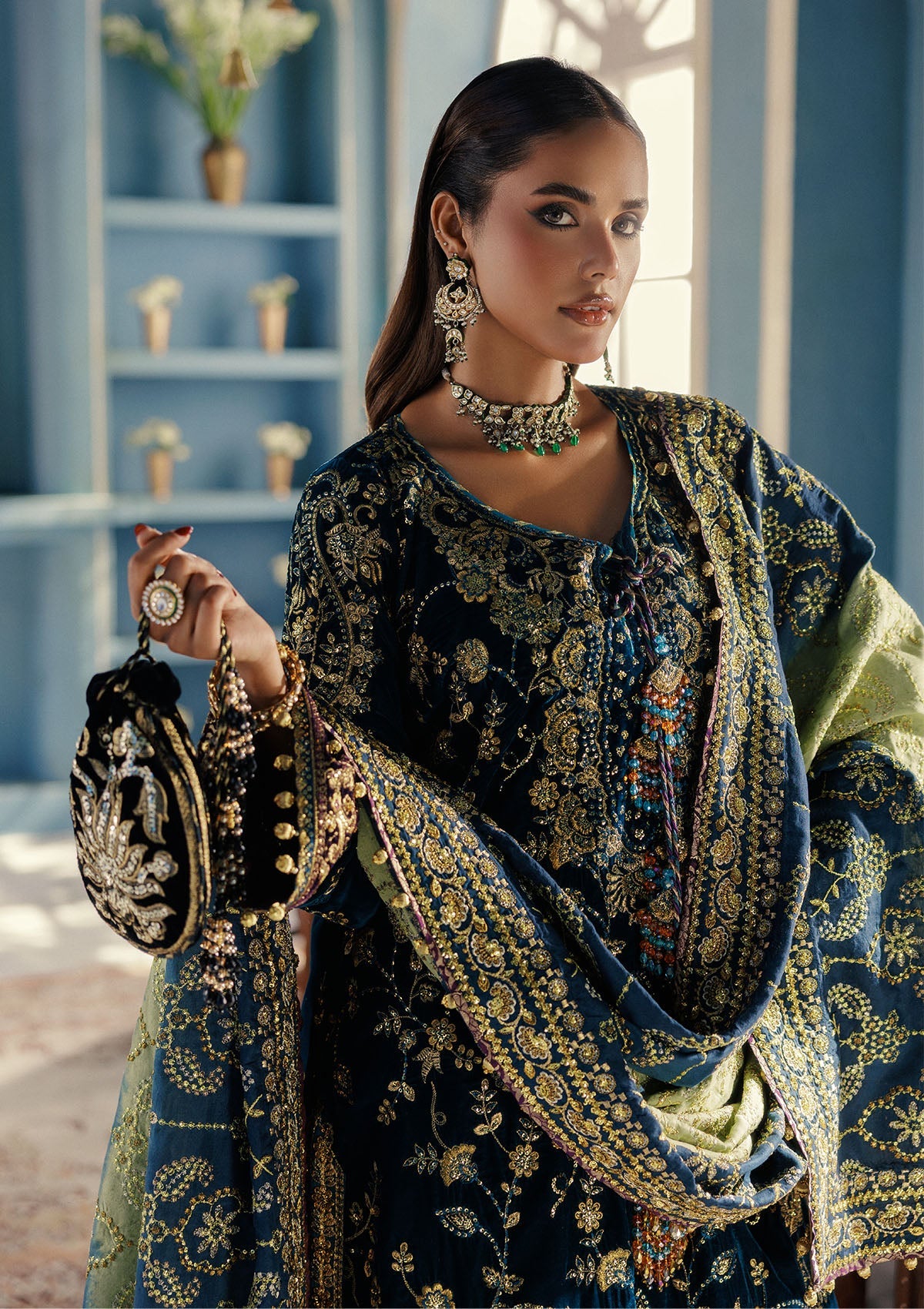 UDAIPUR - LOOK 08 Blue Teal Long Shirt with Farshi Sharara For Formal Events - Pakistani Designer Wear for Women in UK | Kifat
