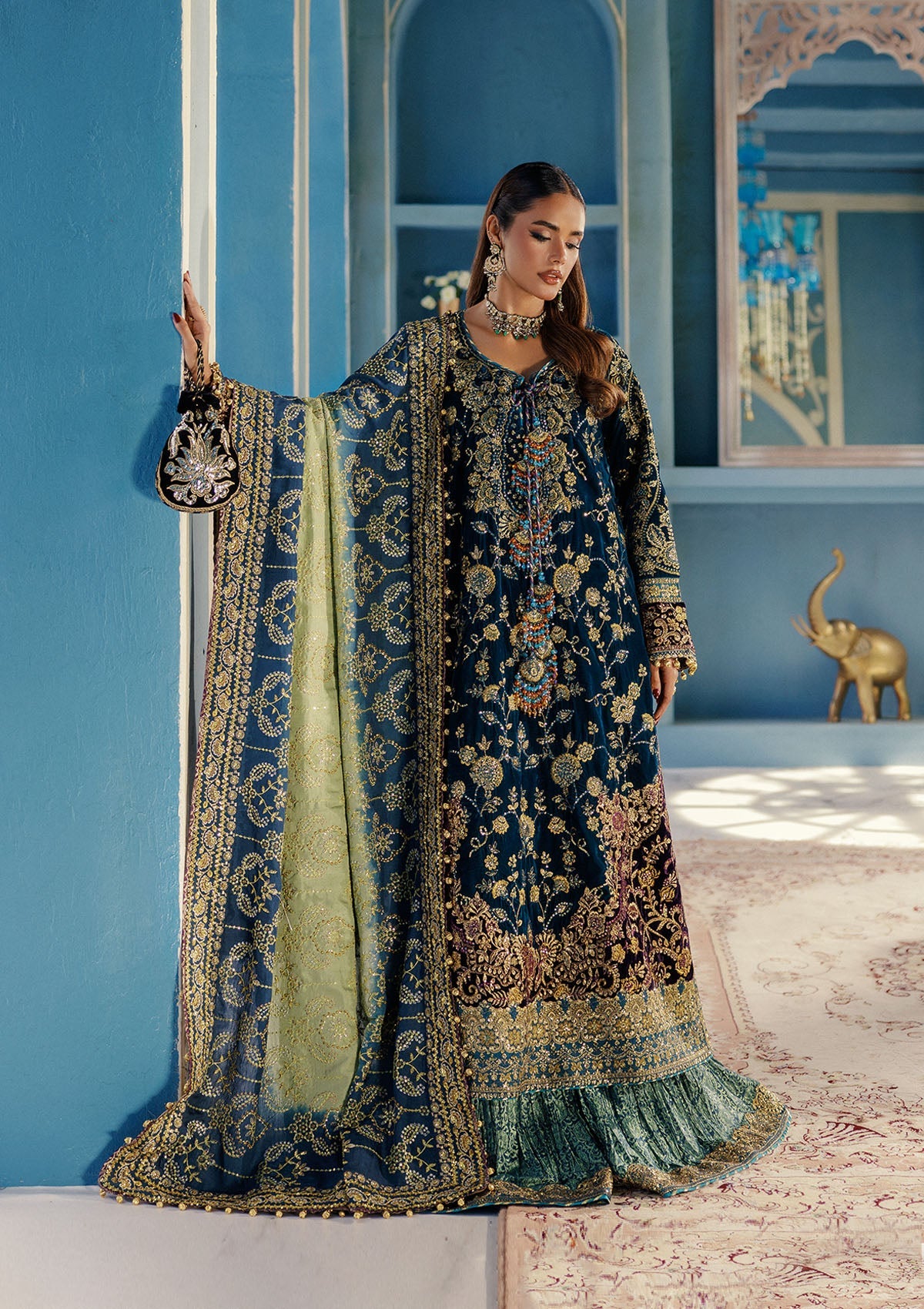 UDAIPUR - LOOK 08 Blue Teal Long Shirt with Farshi Sharara For Formal Events - Pakistani Designer Wear for Women in UK | Kifat