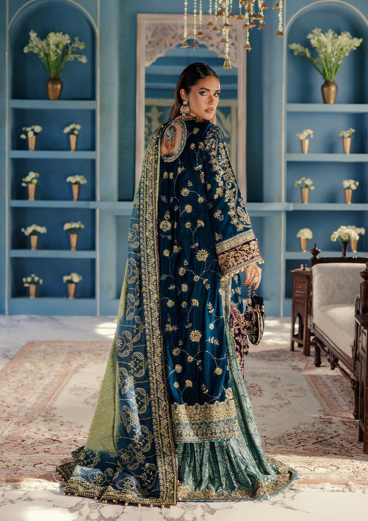UDAIPUR - LOOK 08 Blue Teal Long Shirt with Farshi Sharara For Formal Events - Pakistani Designer Wear for Women in UK | Kifat