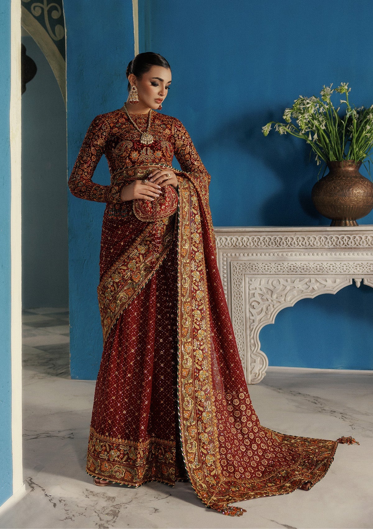 UDAIPUR - LOOK 09 Crimson Saree For Formal Events - Pakistani Designer Wear for Women in UK | Kifat