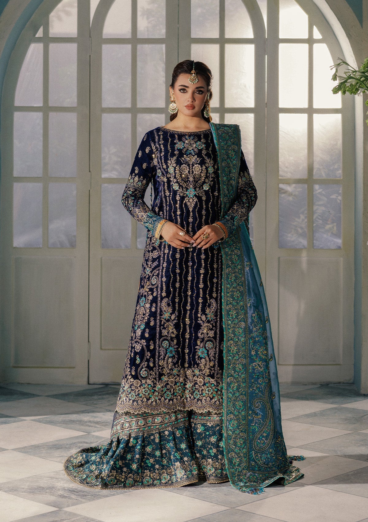 UDAIPUR - LOOK 10 Dark Blue Long Shirt with Farshi Sharara For Formal Events - Pakistani Designer Wear for Women in UK | Kifat