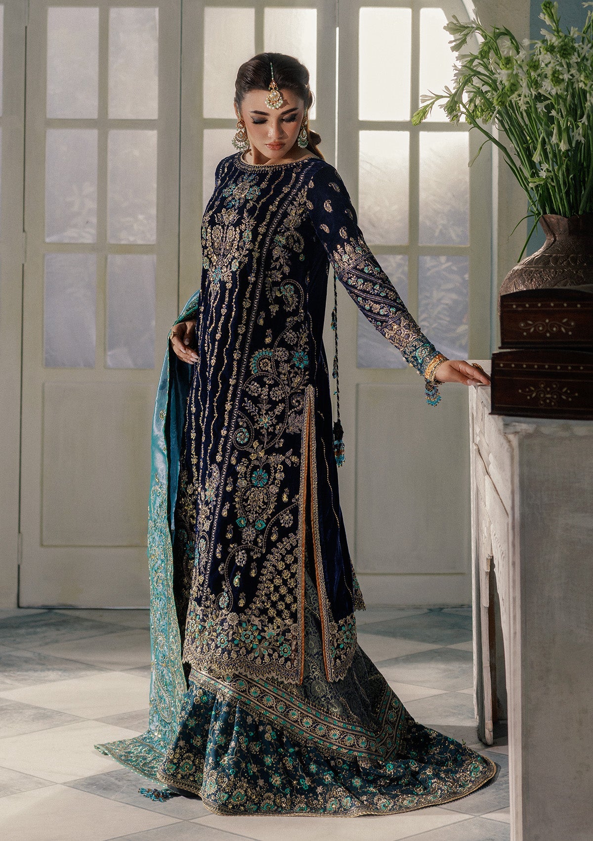 UDAIPUR - LOOK 10 Dark Blue Long Shirt with Farshi Sharara For Formal Events - Pakistani Designer Wear for Women in UK | Kifat
