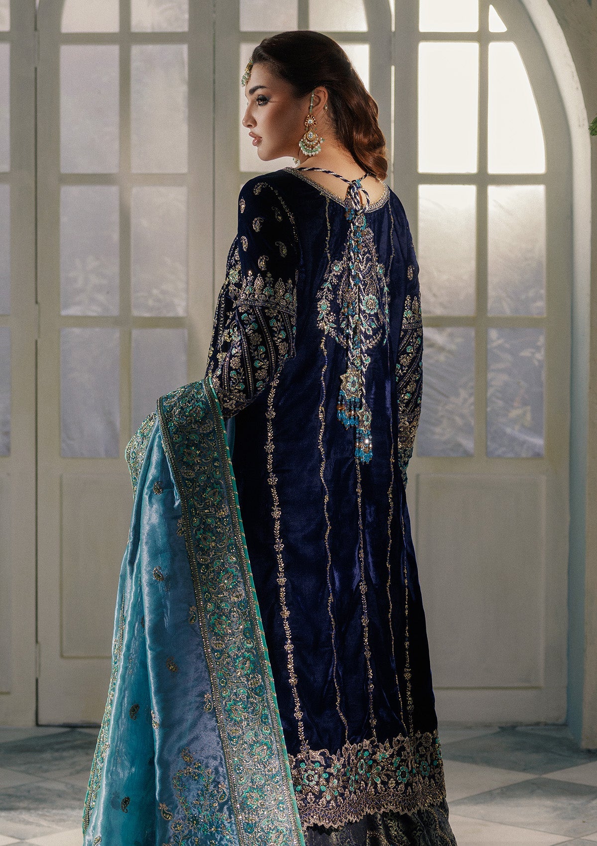 UDAIPUR - LOOK 10 Dark Blue Long Shirt with Farshi Sharara For Formal Events - Pakistani Designer Wear for Women in UK | Kifat