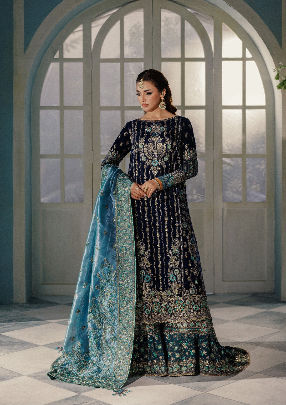 UDAIPUR - LOOK 10 Dark Blue Long Shirt with Farshi Sharara For Formal Events - Pakistani Designer Wear for Women in UK | Kifat