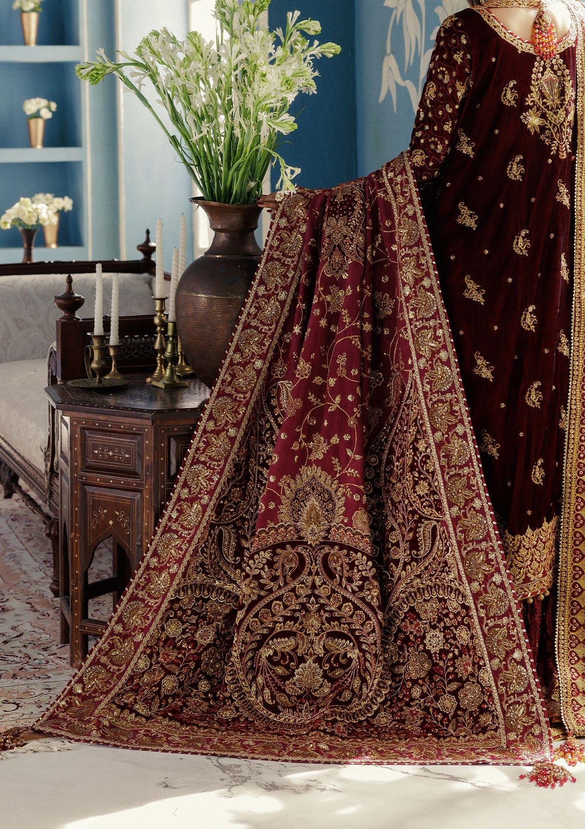 UDAIPUR - MAROON VELVET SHAWL Maroon Shawl For Luxury Events - Pakistani Designer Wear for Women in UK | Kifat