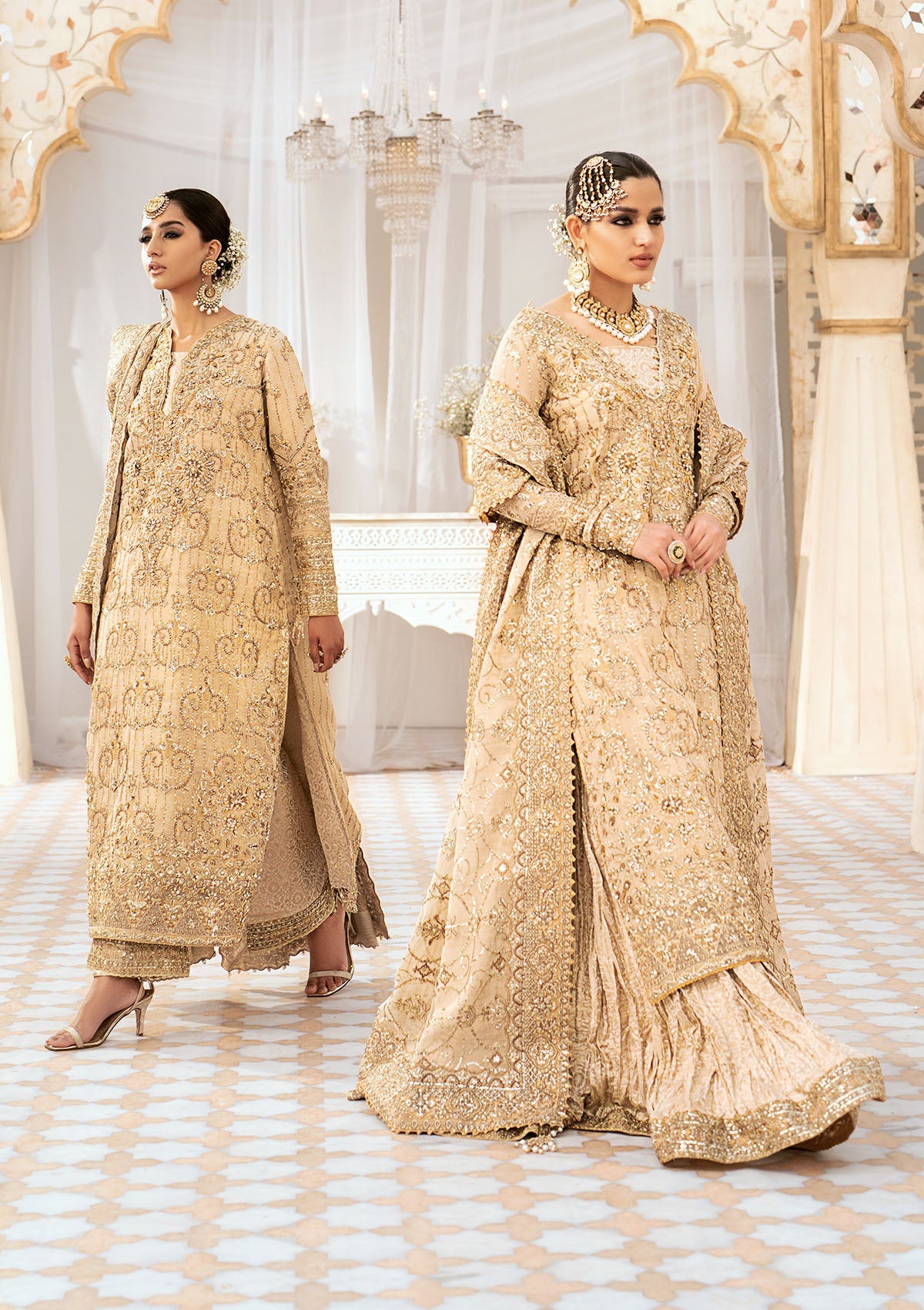 WEDDING FESTIVE '24 VOL. 1 - LOOK 02 Beige Long Shirt with Crushed Sharara Pants, Long Shirt with Izhaar Pants For Wedding Events - Pakistani Designer Wear for Women in UK | Kifat
