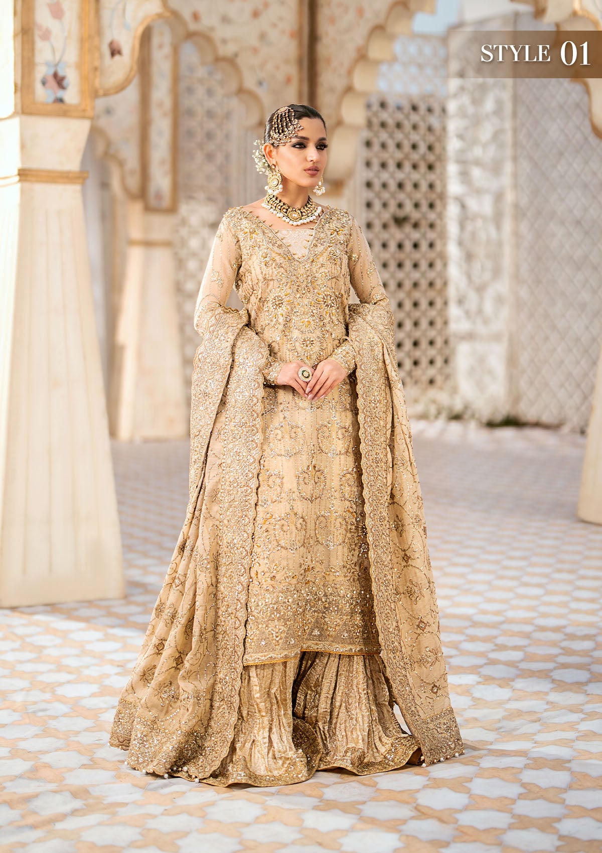WEDDING FESTIVE '24 VOL. 1 - LOOK 02 Beige Long Shirt with Crushed Sharara Pants, Long Shirt with Izhaar Pants For Wedding Events - Pakistani Designer Wear for Women in UK | Kifat