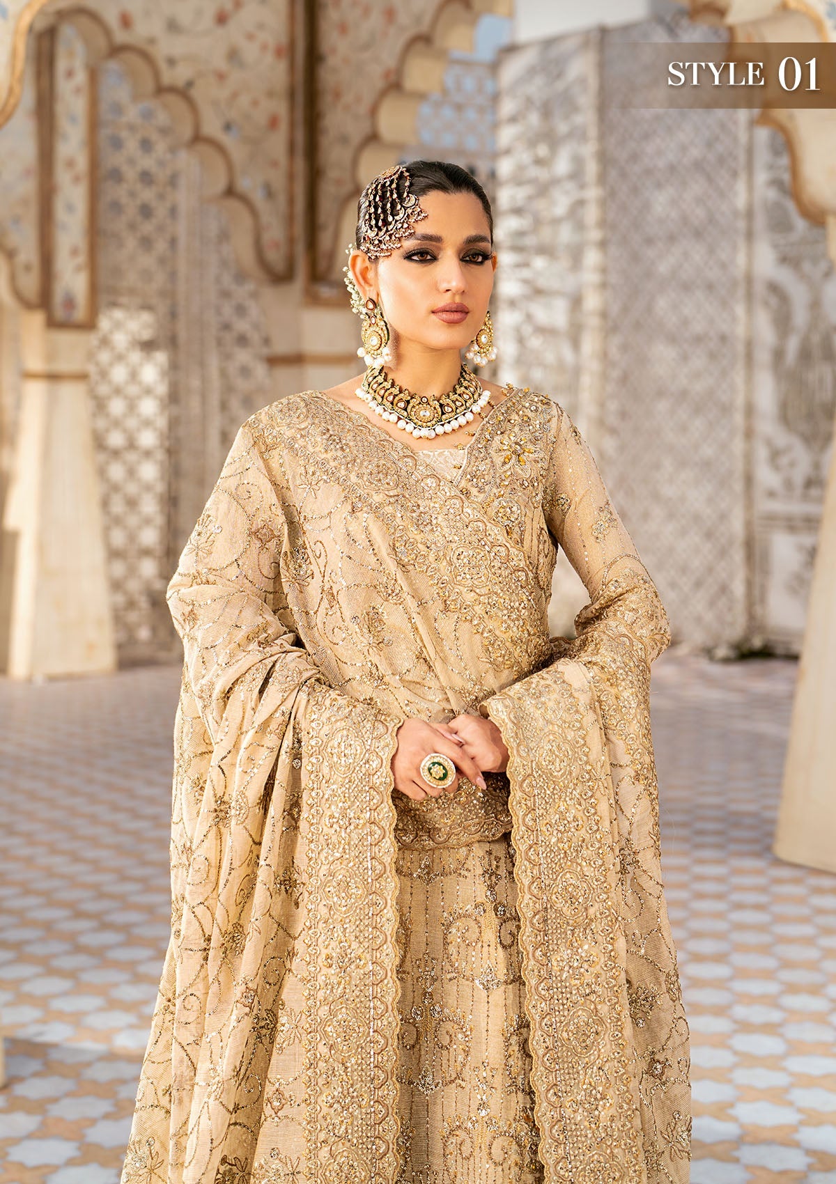 WEDDING FESTIVE '24 VOL. 1 - LOOK 02 Beige Long Shirt with Crushed Sharara Pants, Long Shirt with Izhaar Pants For Wedding Events - Pakistani Designer Wear for Women in UK | Kifat