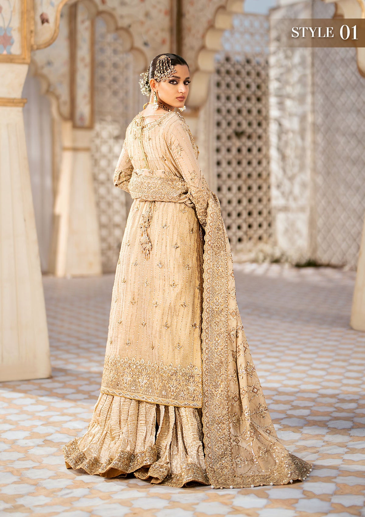 WEDDING FESTIVE '24 VOL. 1 - LOOK 02 Beige Long Shirt with Crushed Sharara Pants, Long Shirt with Izhaar Pants For Wedding Events - Pakistani Designer Wear for Women in UK | Kifat