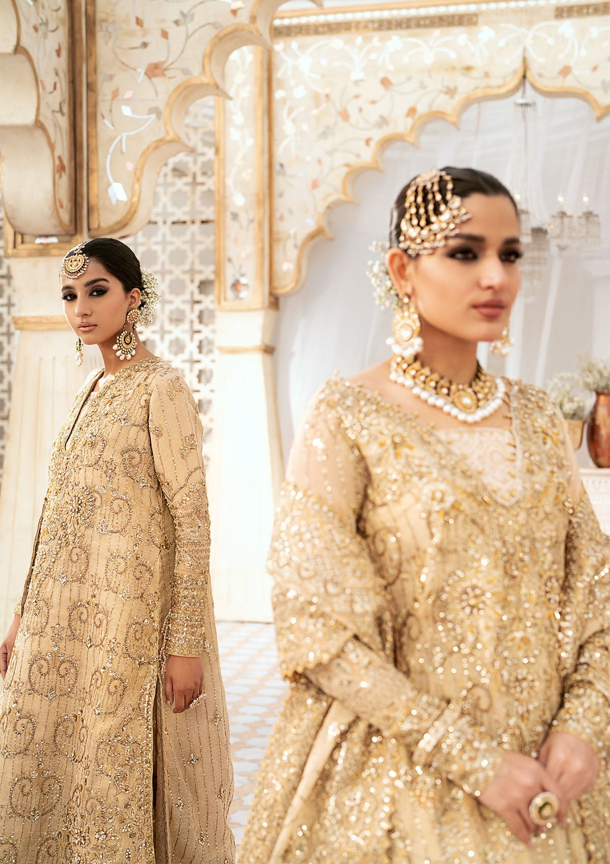 WEDDING FESTIVE '24 VOL. 1 - LOOK 02 Beige Long Shirt with Crushed Sharara Pants, Long Shirt with Izhaar Pants For Wedding Events - Pakistani Designer Wear for Women in UK | Kifat