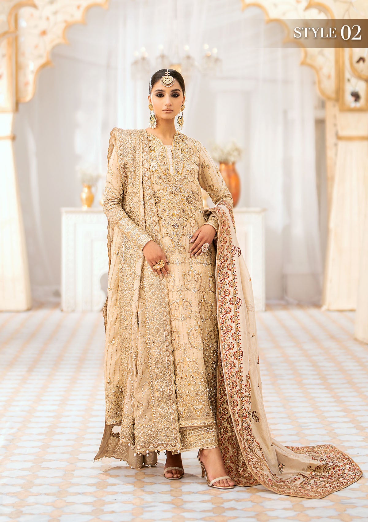 WEDDING FESTIVE '24 VOL. 1 - LOOK 02 Beige Long Shirt with Crushed Sharara Pants, Long Shirt with Izhaar Pants For Wedding Events - Pakistani Designer Wear for Women in UK | Kifat