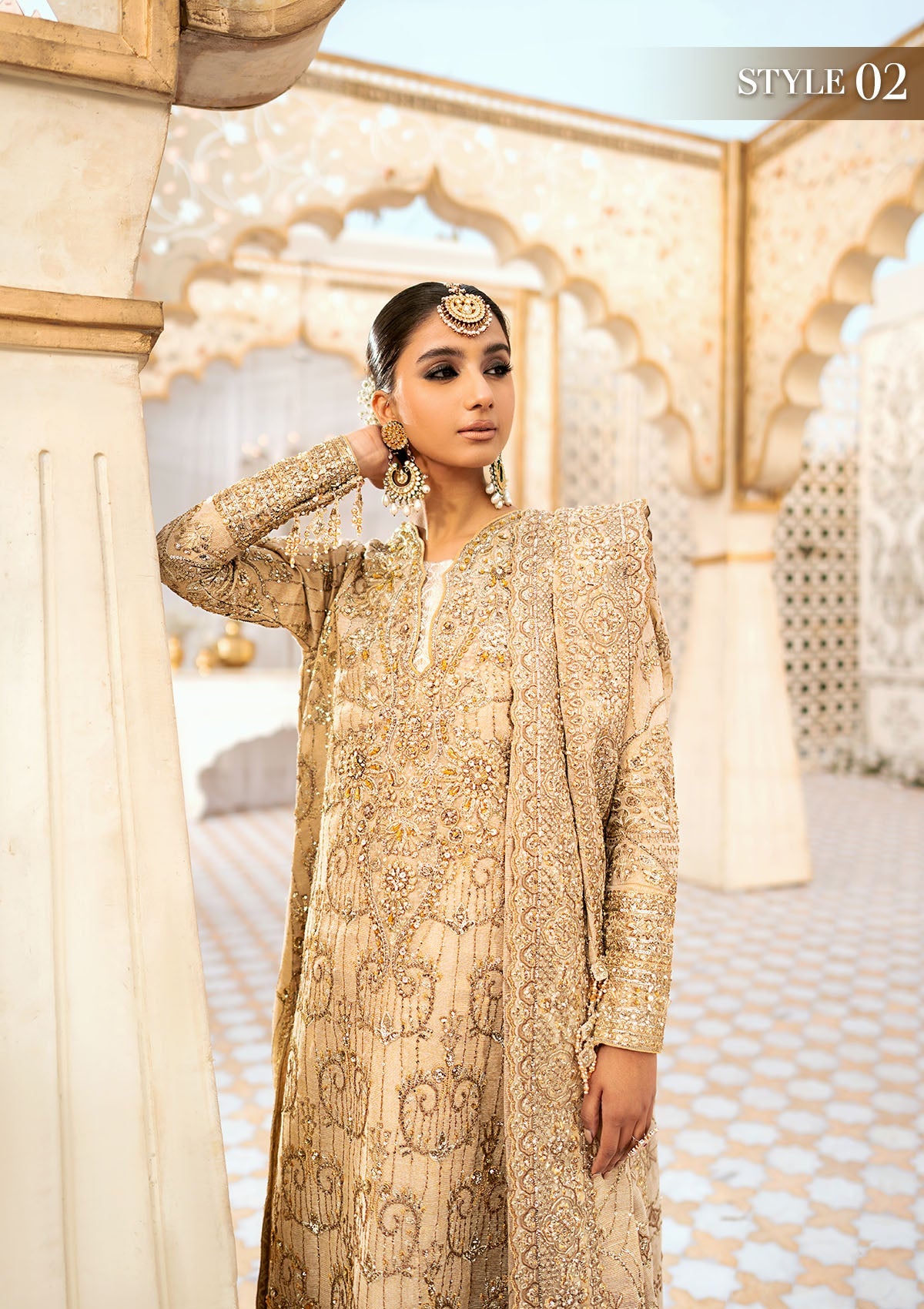 WEDDING FESTIVE '24 VOL. 1 - LOOK 02 Beige Long Shirt with Crushed Sharara Pants, Long Shirt with Izhaar Pants For Wedding Events - Pakistani Designer Wear for Women in UK | Kifat