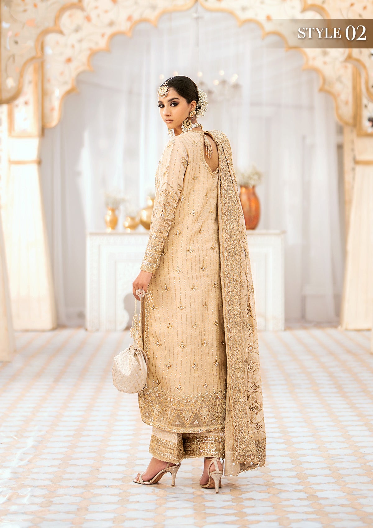 WEDDING FESTIVE '24 VOL. 1 - LOOK 02 Beige Long Shirt with Crushed Sharara Pants, Long Shirt with Izhaar Pants For Wedding Events - Pakistani Designer Wear for Women in UK | Kifat