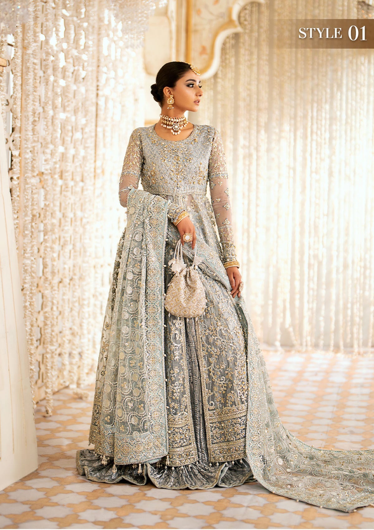 WEDDING FESTIVE '24 VOL. 1 - LOOK 03 Ice Blue Open Front Frock with Crushed Skirt,Kalidaar Frock with Palazzo Pants For Wedding Events - Pakistani Designer Wear for Women in UK | Kifat