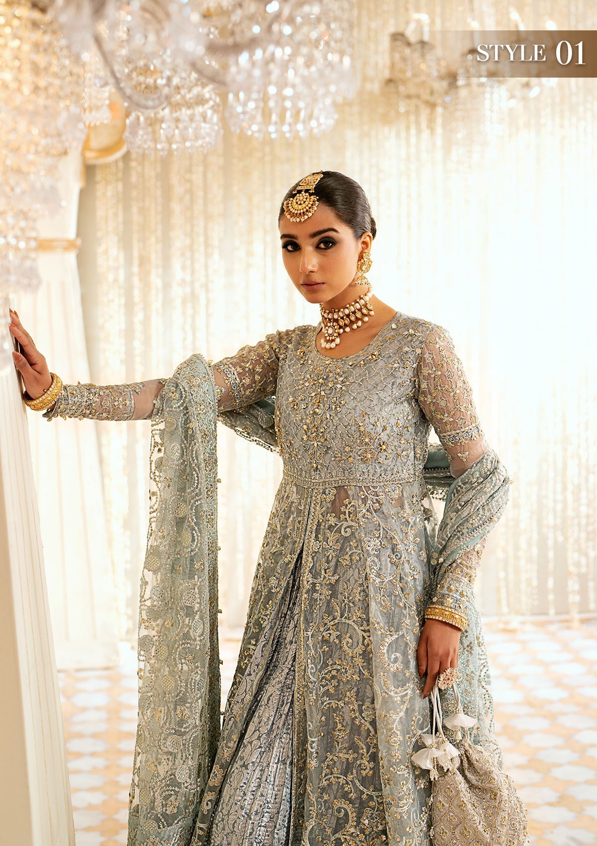 WEDDING FESTIVE '24 VOL. 1 - LOOK 03 Ice Blue Open Front Frock with Crushed Skirt,Kalidaar Frock with Palazzo Pants For Wedding Events - Pakistani Designer Wear for Women in UK | Kifat