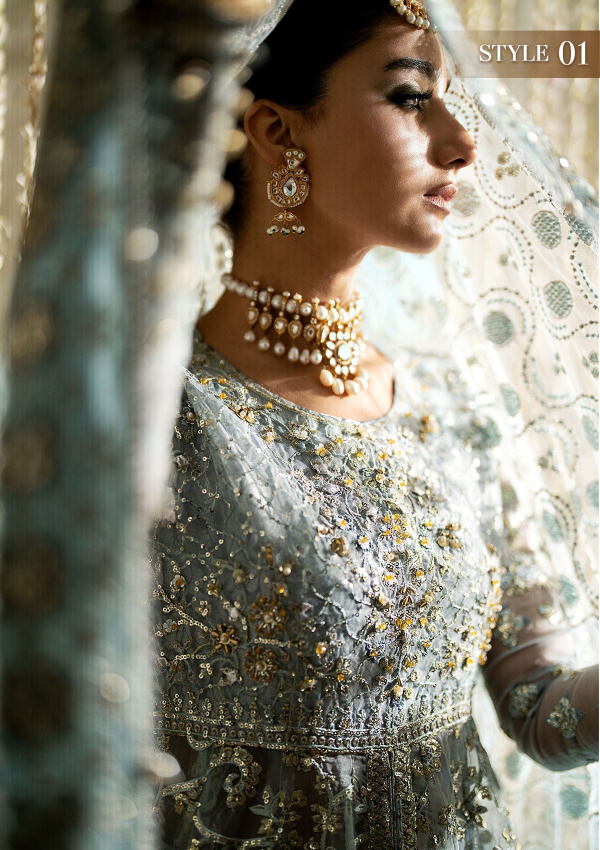 WEDDING FESTIVE '24 VOL. 1 - LOOK 03 Ice Blue Open Front Frock with Crushed Skirt,Kalidaar Frock with Palazzo Pants For Wedding Events - Pakistani Designer Wear for Women in UK | Kifat