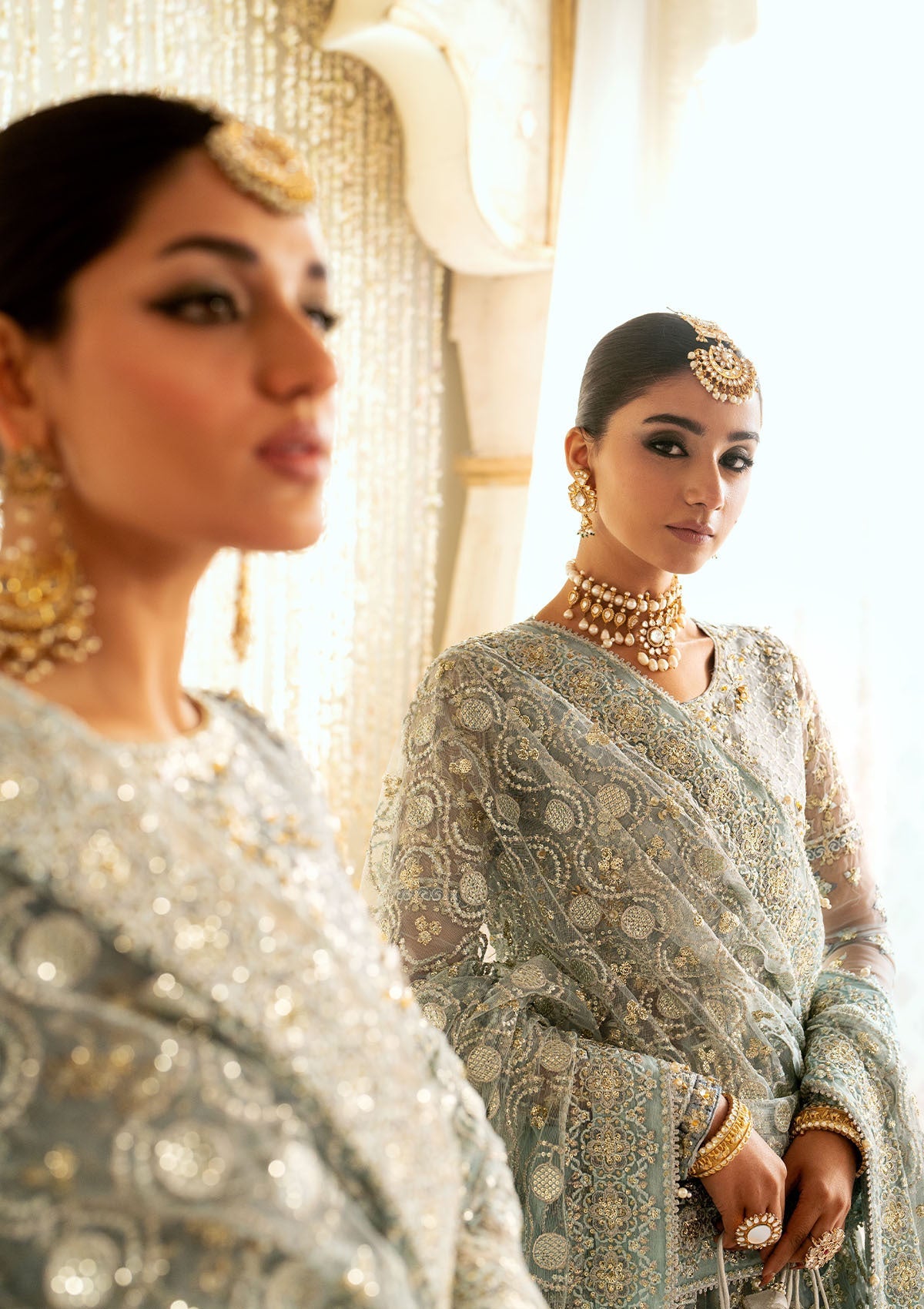 WEDDING FESTIVE '24 VOL. 1 - LOOK 03 Ice Blue Open Front Frock with Crushed Skirt,Kalidaar Frock with Palazzo Pants For Wedding Events - Pakistani Designer Wear for Women in UK | Kifat
