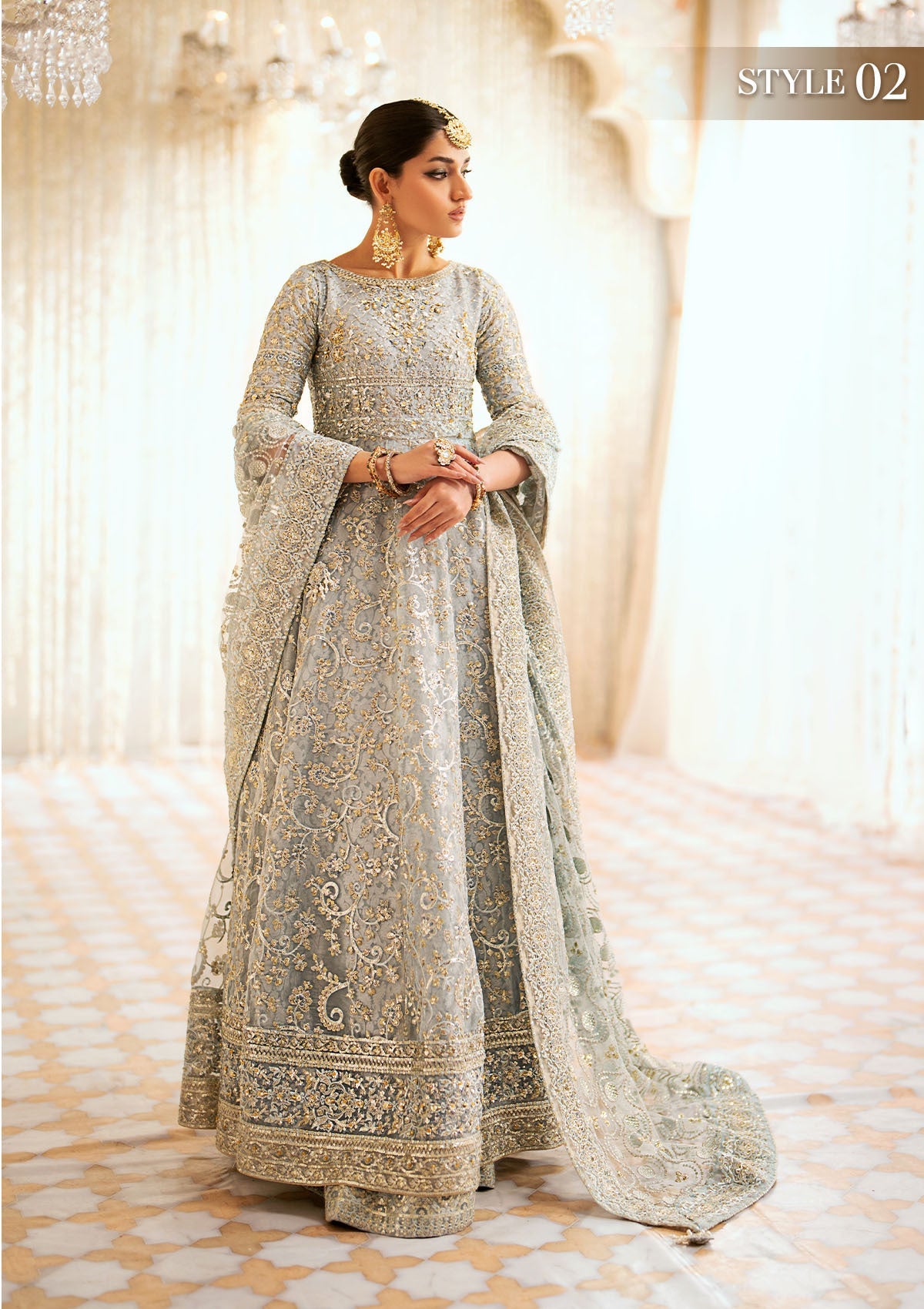 WEDDING FESTIVE '24 VOL. 1 - LOOK 03 Ice Blue Open Front Frock with Crushed Skirt,Kalidaar Frock with Palazzo Pants For Wedding Events - Pakistani Designer Wear for Women in UK | Kifat