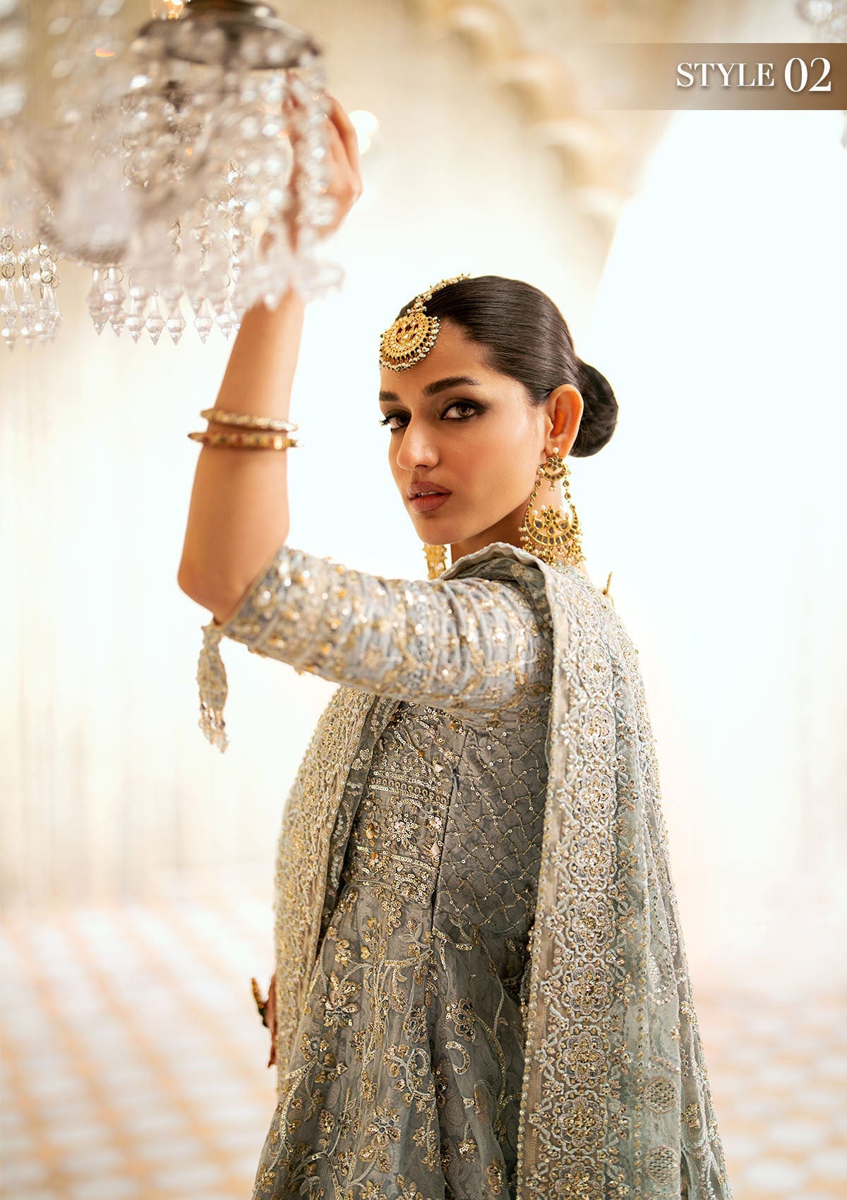 WEDDING FESTIVE '24 VOL. 1 - LOOK 03 Ice Blue Open Front Frock with Crushed Skirt,Kalidaar Frock with Palazzo Pants For Wedding Events - Pakistani Designer Wear for Women in UK | Kifat
