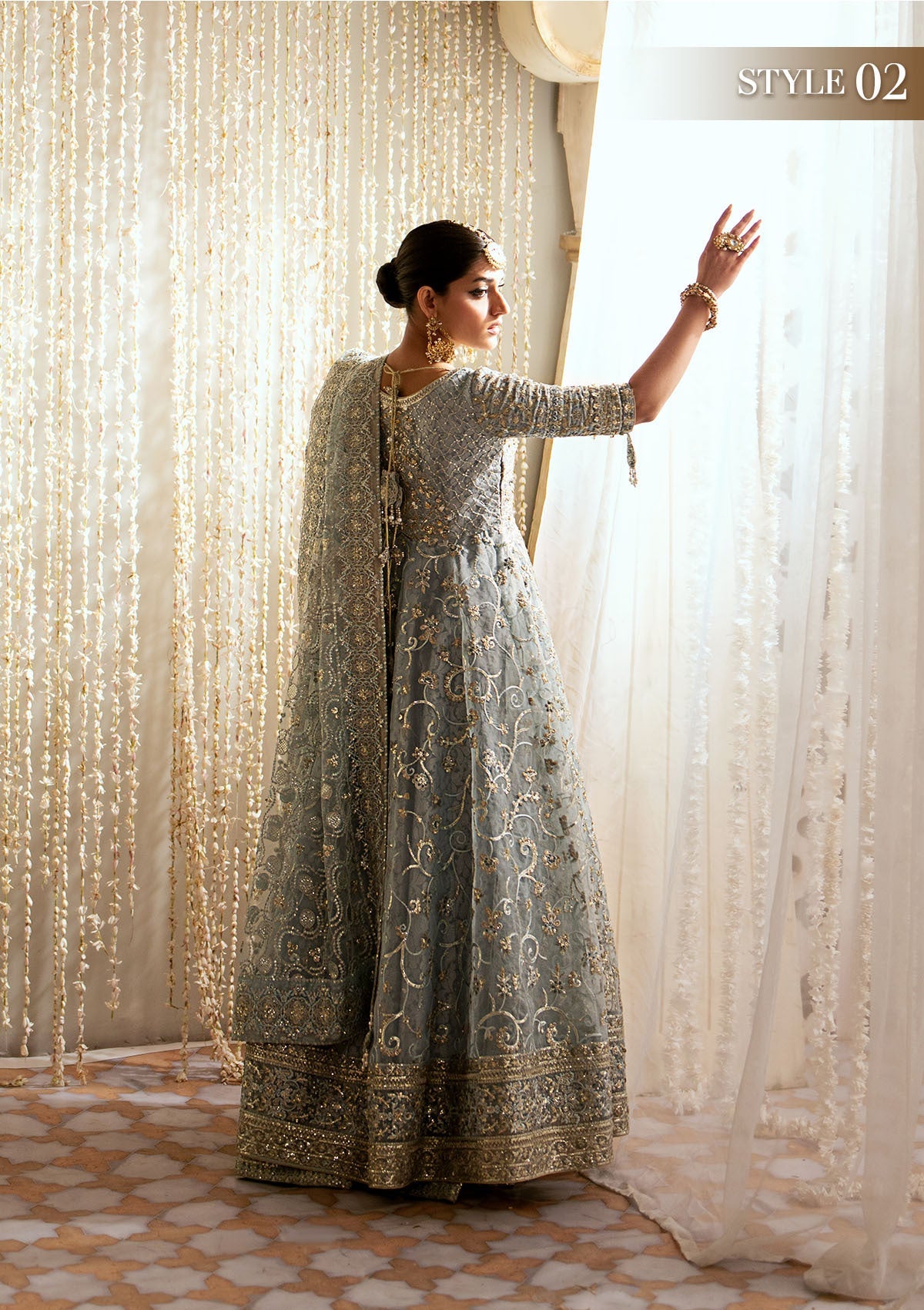WEDDING FESTIVE '24 VOL. 1 - LOOK 03 Ice Blue Open Front Frock with Crushed Skirt,Kalidaar Frock with Palazzo Pants For Wedding Events - Pakistani Designer Wear for Women in UK | Kifat