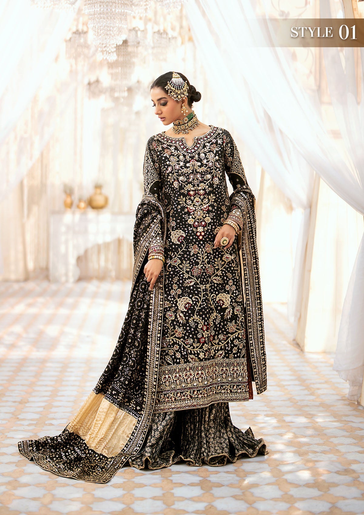 WEDDING FESTIVE '24 VOL. 1 - LOOK 04 Black Long Shirt with Gharara,Long Shirt with Izhaar Pants For Wedding Events - Pakistani Designer Wear for Women in UK | Kifat