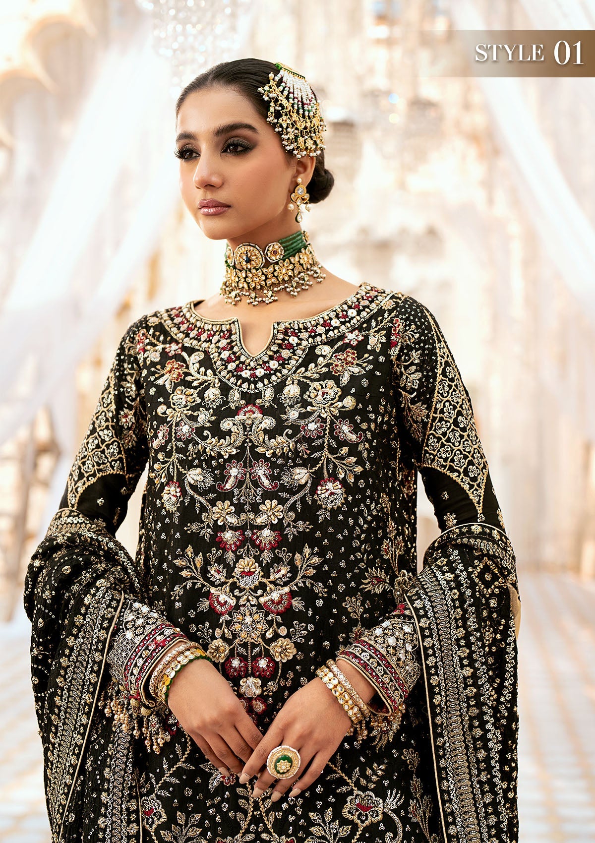 WEDDING FESTIVE '24 VOL. 1 - LOOK 04 Black Long Shirt with Gharara,Long Shirt with Izhaar Pants For Wedding Events - Pakistani Designer Wear for Women in UK | Kifat