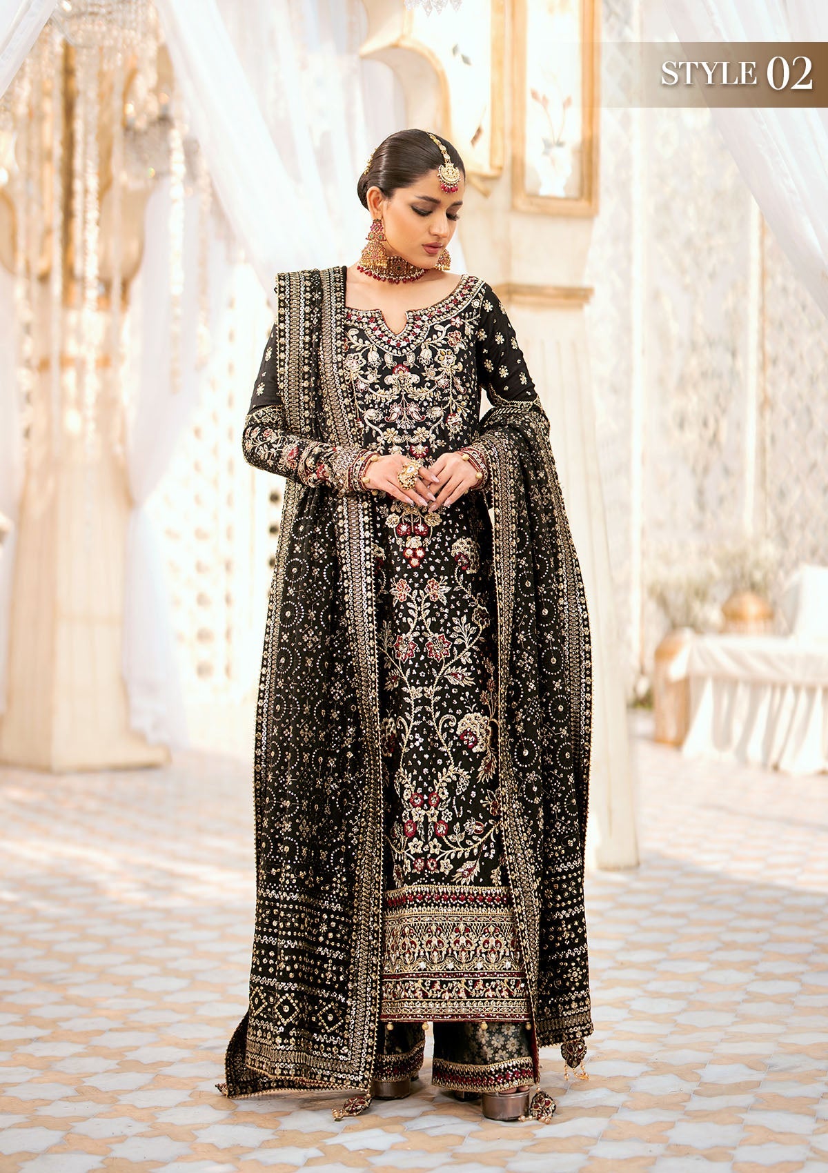 WEDDING FESTIVE '24 VOL. 1 - LOOK 04 Black Long Shirt with Gharara,Long Shirt with Izhaar Pants For Wedding Events - Pakistani Designer Wear for Women in UK | Kifat