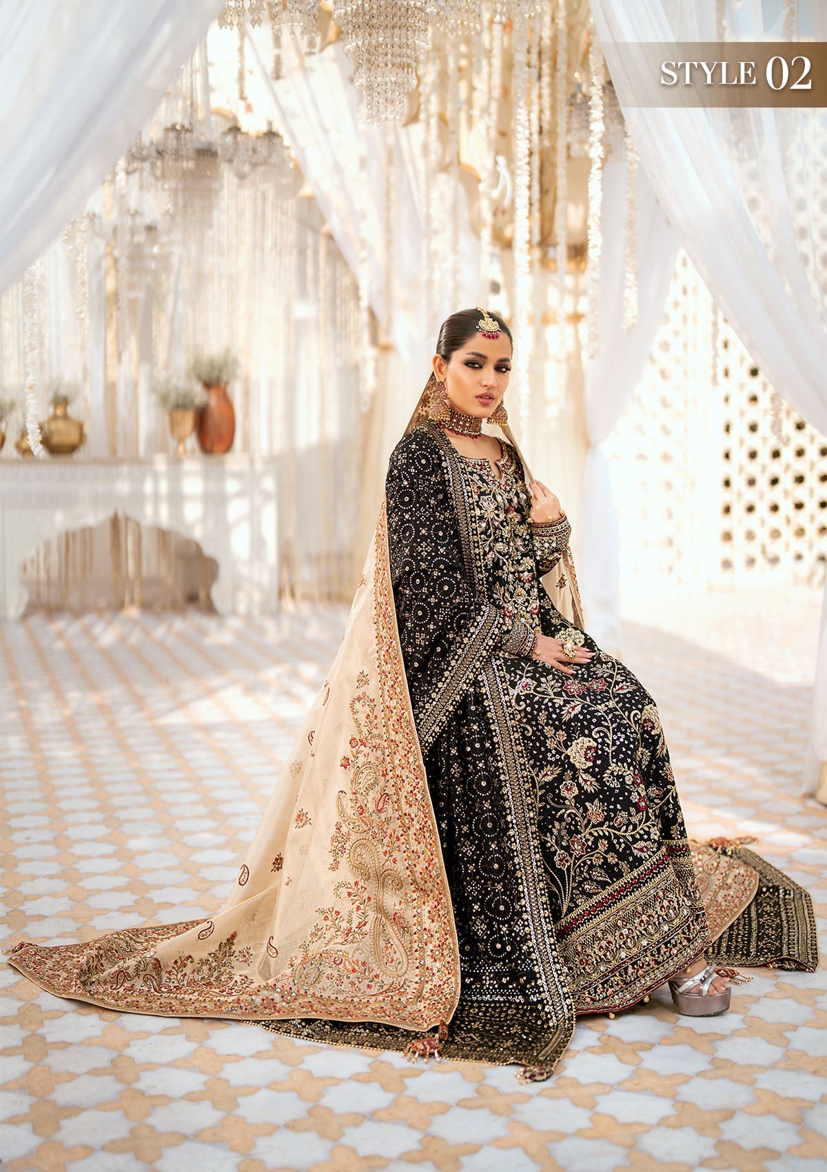 WEDDING FESTIVE '24 VOL. 1 - LOOK 04 Black Long Shirt with Gharara,Long Shirt with Izhaar Pants For Wedding Events - Pakistani Designer Wear for Women in UK | Kifat