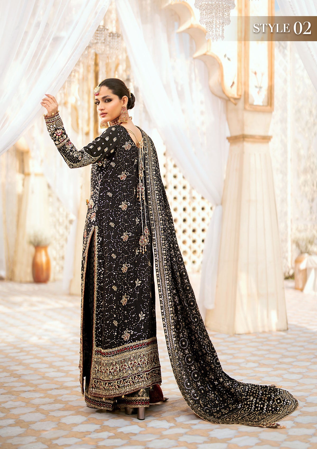 WEDDING FESTIVE '24 VOL. 1 - LOOK 04 Black Long Shirt with Gharara,Long Shirt with Izhaar Pants For Wedding Events - Pakistani Designer Wear for Women in UK | Kifat
