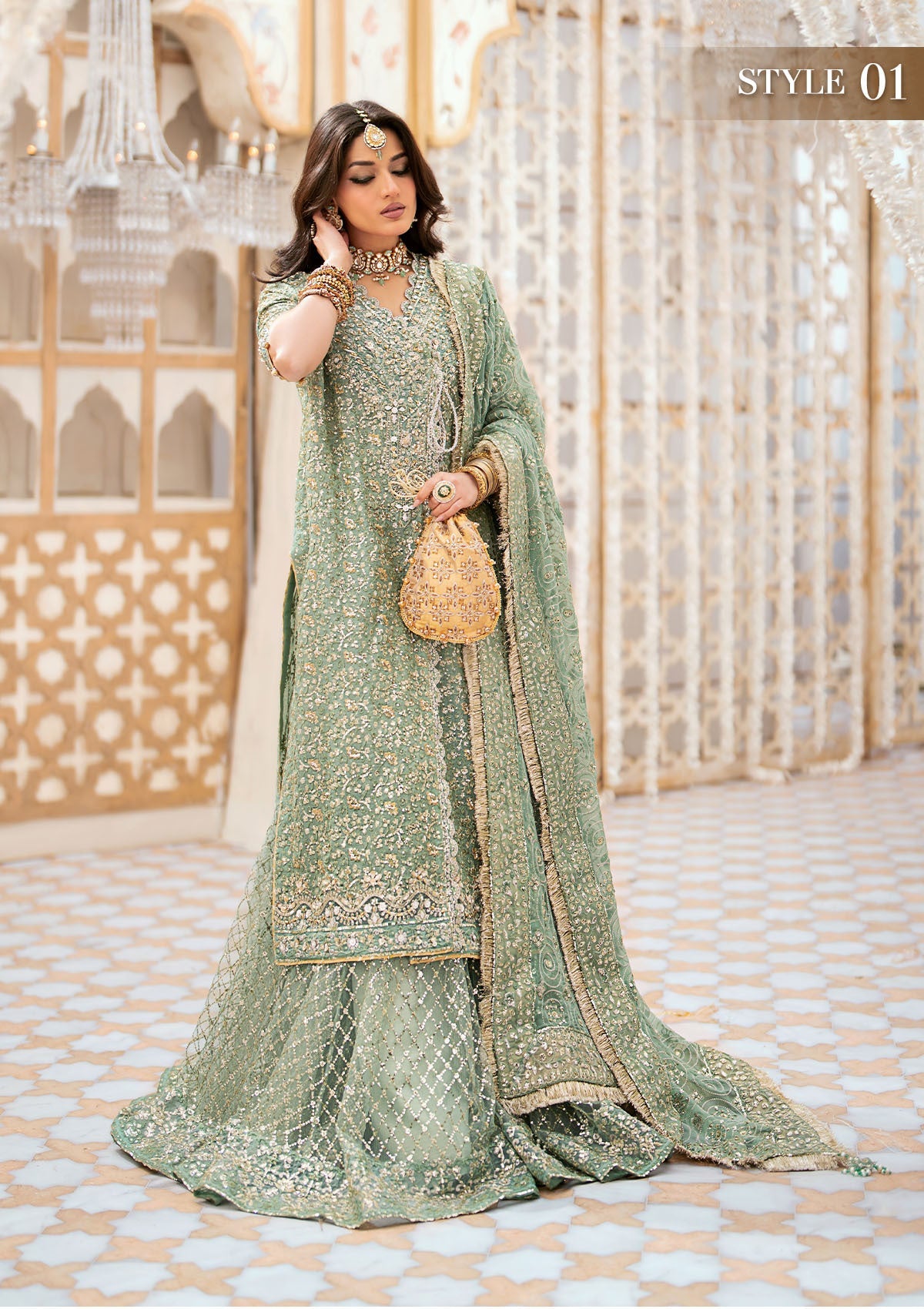 WEDDING FESTIVE '24 VOL. 1 - LOOK 05 Mint Green Angrakha with Gharara, Long Shirt with Crushed Frock For Wedding Events - Pakistani Designer Wear for Women in UK | Kifat