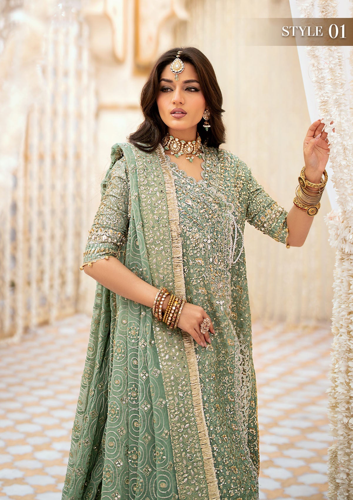 WEDDING FESTIVE '24 VOL. 1 - LOOK 05 Mint Green Angrakha with Gharara, Long Shirt with Crushed Frock For Wedding Events - Pakistani Designer Wear for Women in UK | Kifat