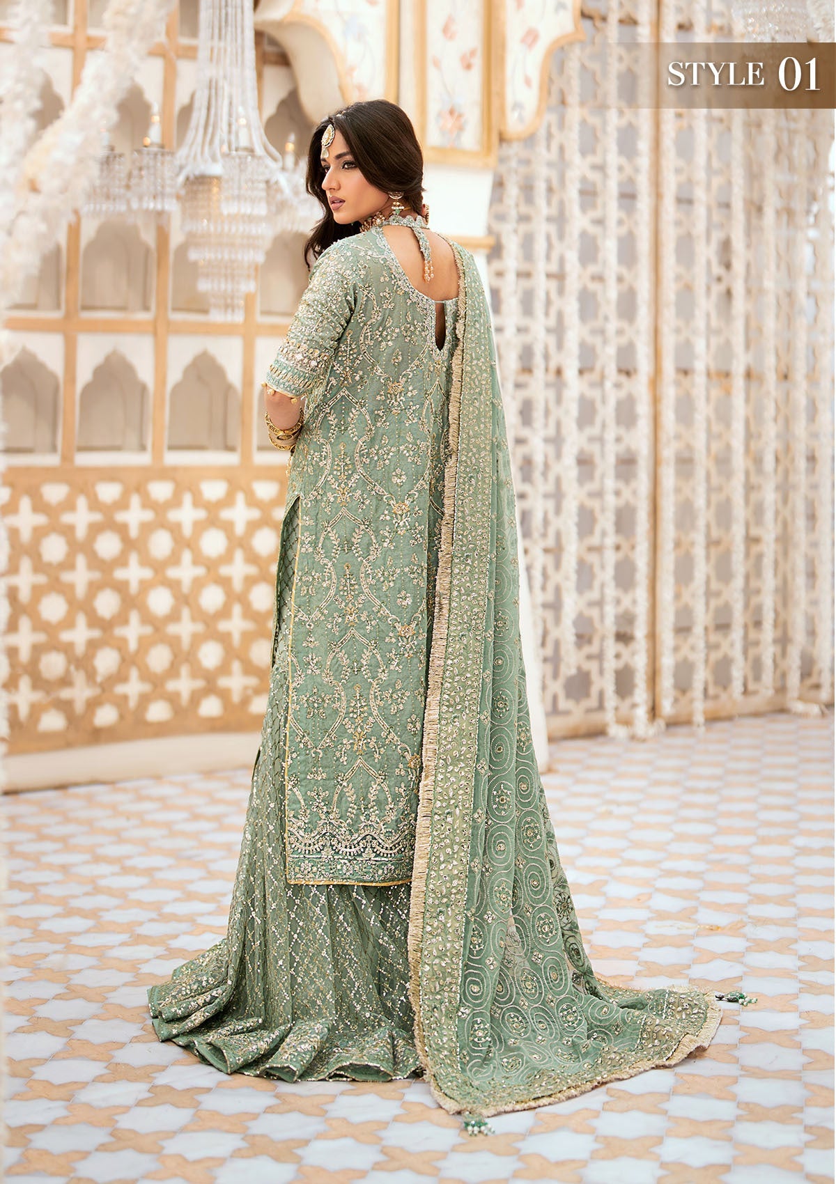 WEDDING FESTIVE '24 VOL. 1 - LOOK 05 Mint Green Angrakha with Gharara, Long Shirt with Crushed Frock For Wedding Events - Pakistani Designer Wear for Women in UK | Kifat