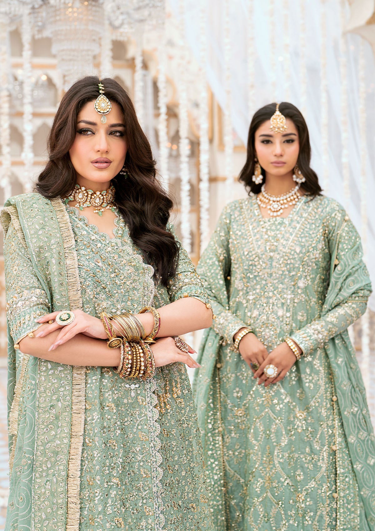 WEDDING FESTIVE '24 VOL. 1 - LOOK 05 Mint Green Angrakha with Gharara, Long Shirt with Crushed Frock For Wedding Events - Pakistani Designer Wear for Women in UK | Kifat