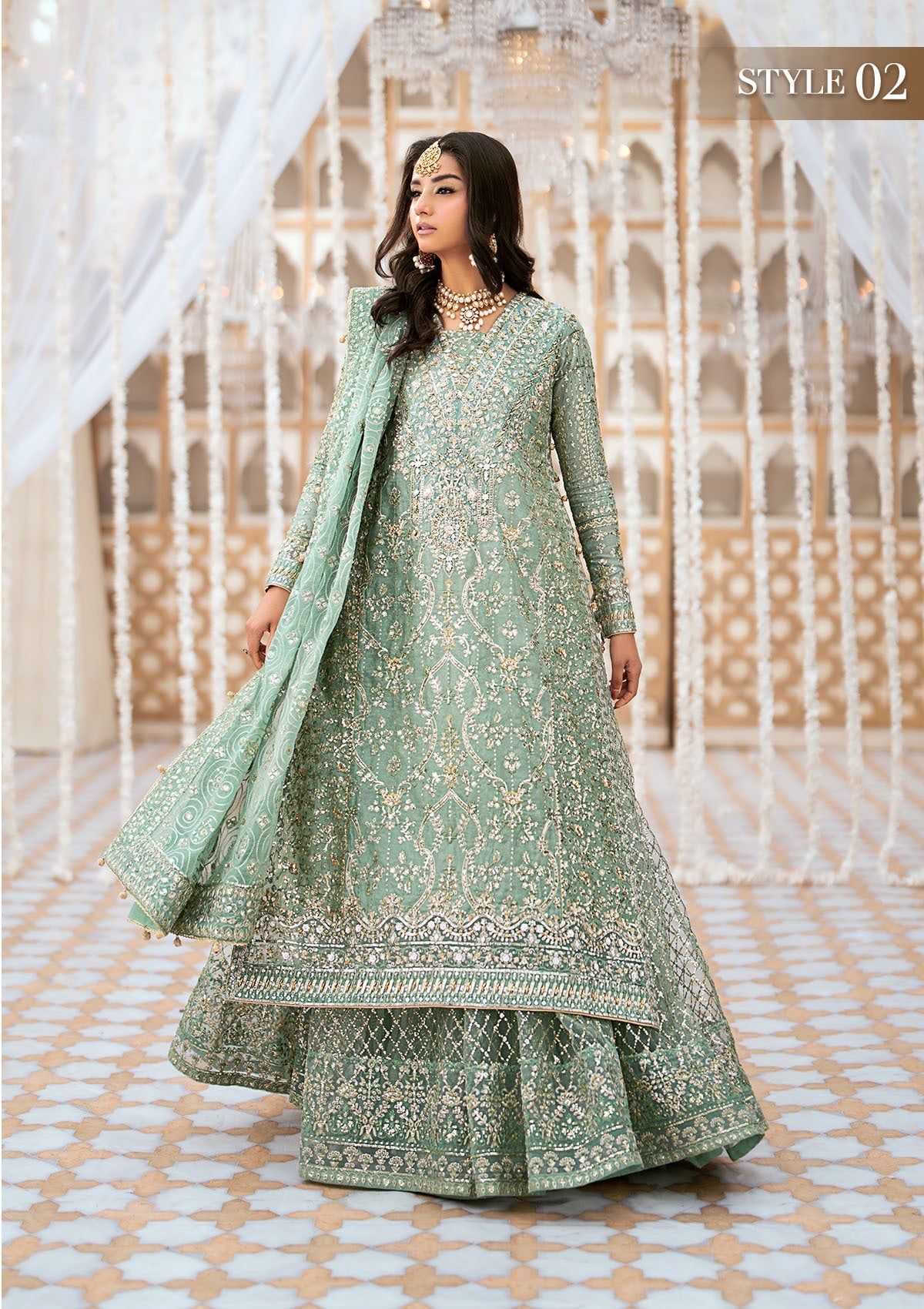 WEDDING FESTIVE '24 VOL. 1 - LOOK 05 Mint Green Angrakha with Gharara, Long Shirt with Crushed Frock For Wedding Events - Pakistani Designer Wear for Women in UK | Kifat