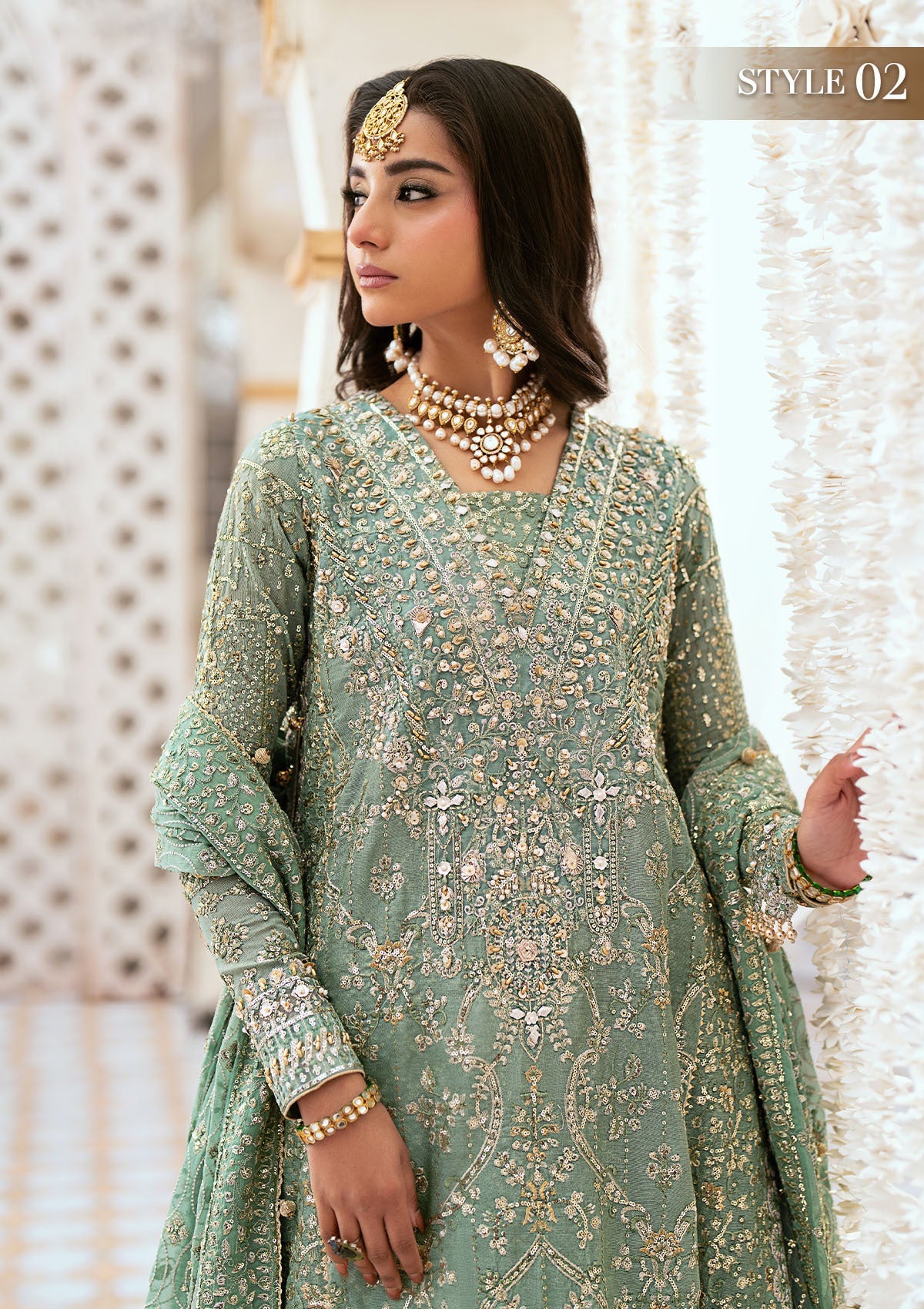 WEDDING FESTIVE '24 VOL. 1 - LOOK 05 Mint Green Angrakha with Gharara, Long Shirt with Crushed Frock For Wedding Events - Pakistani Designer Wear for Women in UK | Kifat