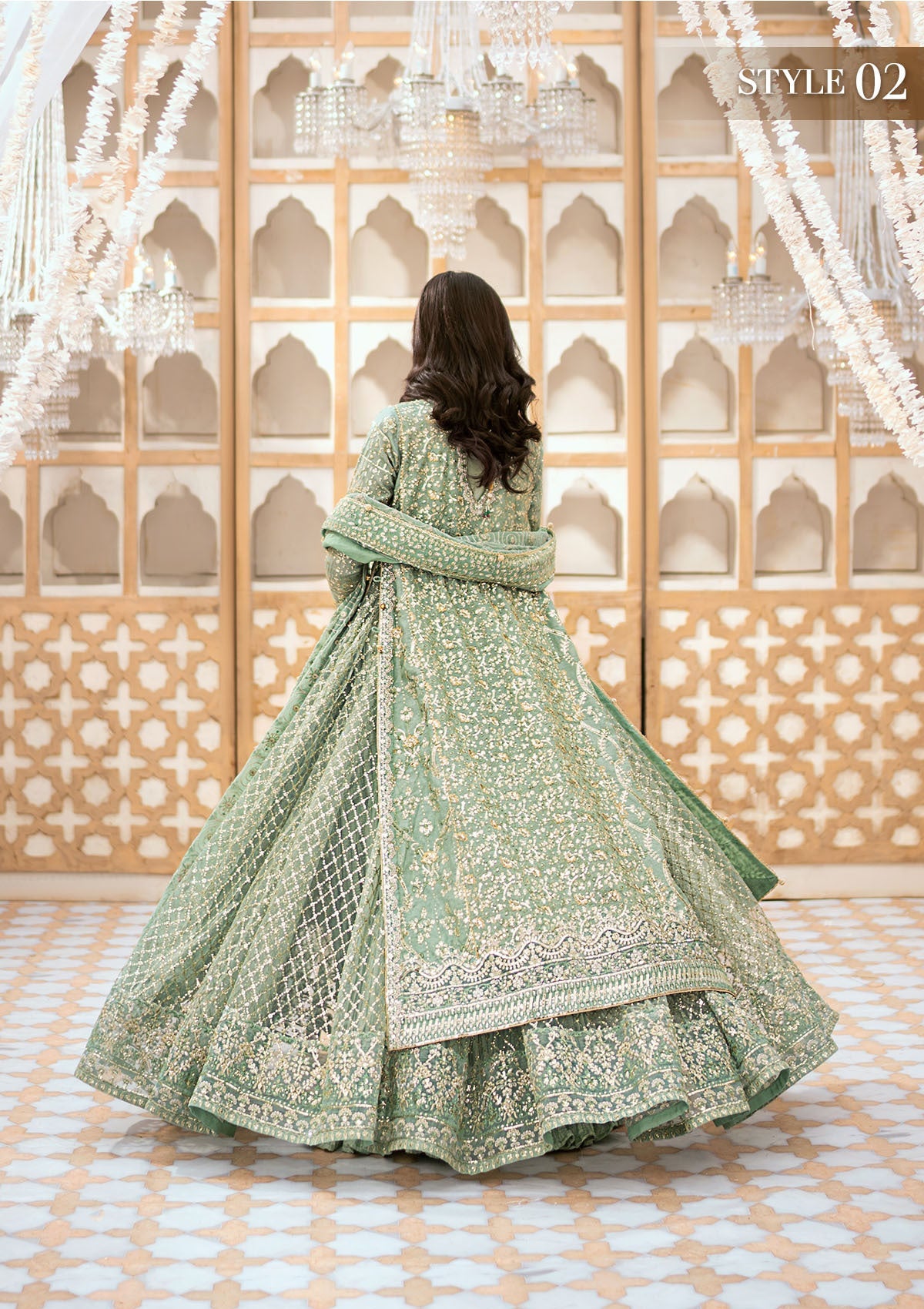 WEDDING FESTIVE '24 VOL. 1 - LOOK 05 Mint Green Angrakha with Gharara, Long Shirt with Crushed Frock For Wedding Events - Pakistani Designer Wear for Women in UK | Kifat