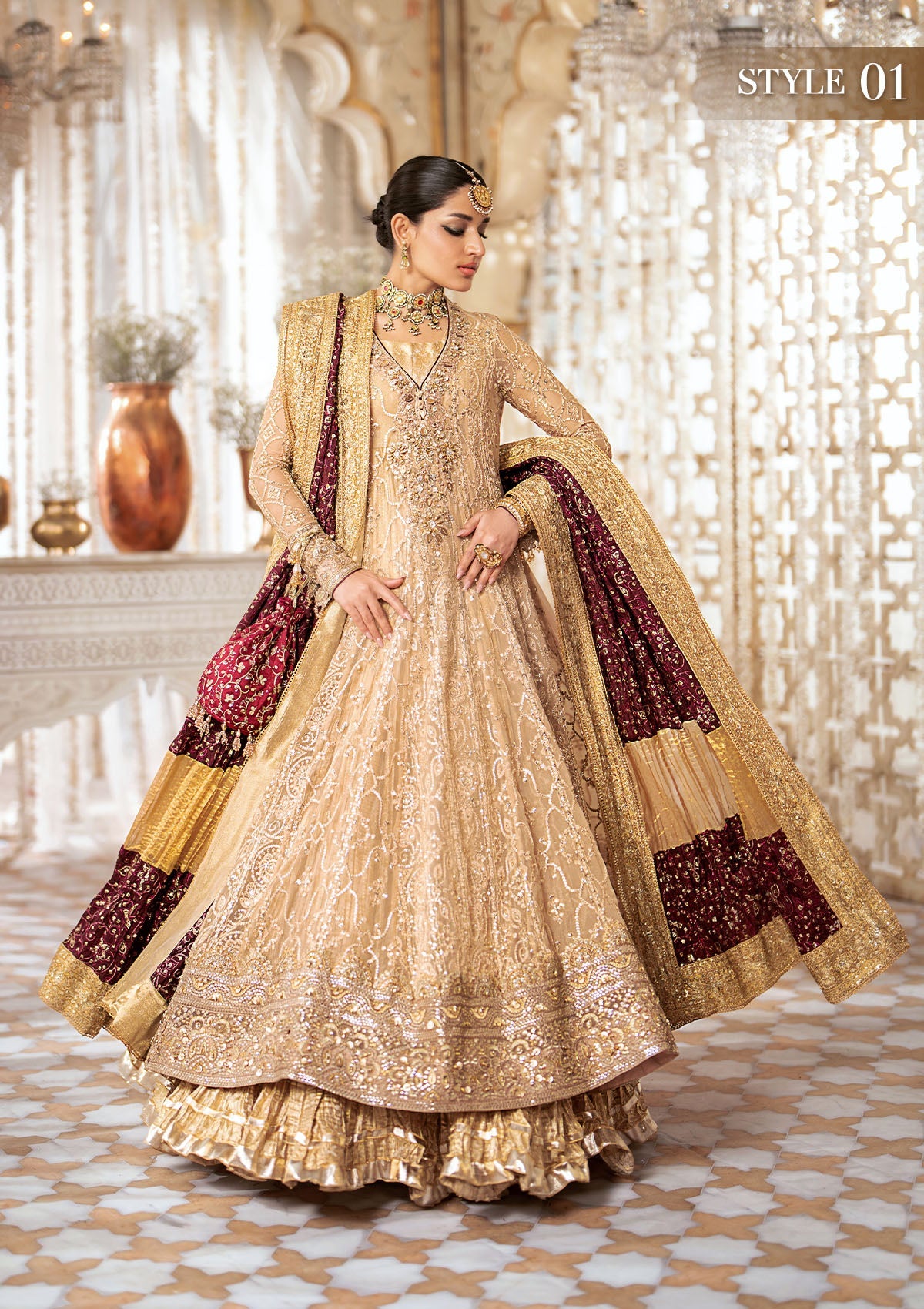 WEDDING FESTIVE '24 VOL. 1 - LOOK 08 Champagne Kalidaar Frock with Crushed Frock,Angrakha with Crushed Skirt For Wedding Events - Pakistani Designer Wear for Women in UK | Kifat